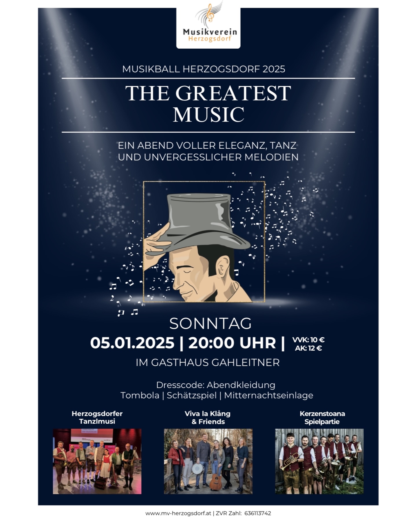 🎶✨ Ein Abend voller Eleganz, Tanz und unvergesslicher Melodien! 🎉🌟
Am 05.01.2025 erwecken wir mit dem Musikball Herzogsdorf das Motto „THE GREATEST MUSIC“ zum Leben! 🎤💃 Seid dabei, wenn die Herzogsdorfer Tanzlmusi, Viva La Klång & Friends sowie die Kerzenstoana Spielpartie die Nacht mit ihren Melodien verzaubern! 🎵❤️
Lasst uns gemeinsam feiern und die Musik in unseren Herzen spüren!
Eintrittskarten gibts bei allen Vereinsmitgliedern!
📆 Wann? 05.01.2025 ab 20:00 Uhr
📍Wo? Gasthaus Gahleitner in Herzogsdorf
#MusikballHerzogsdorf #TheGreatestMusic #TanzUndFreude #mvherzogsdorf #herzogsdorf #05012025 #ballsession #vivalaklång #kerzenstoanaspielpartie #herzogsdorfertanzlmusi #ballnacht #tombola #schätzspiel