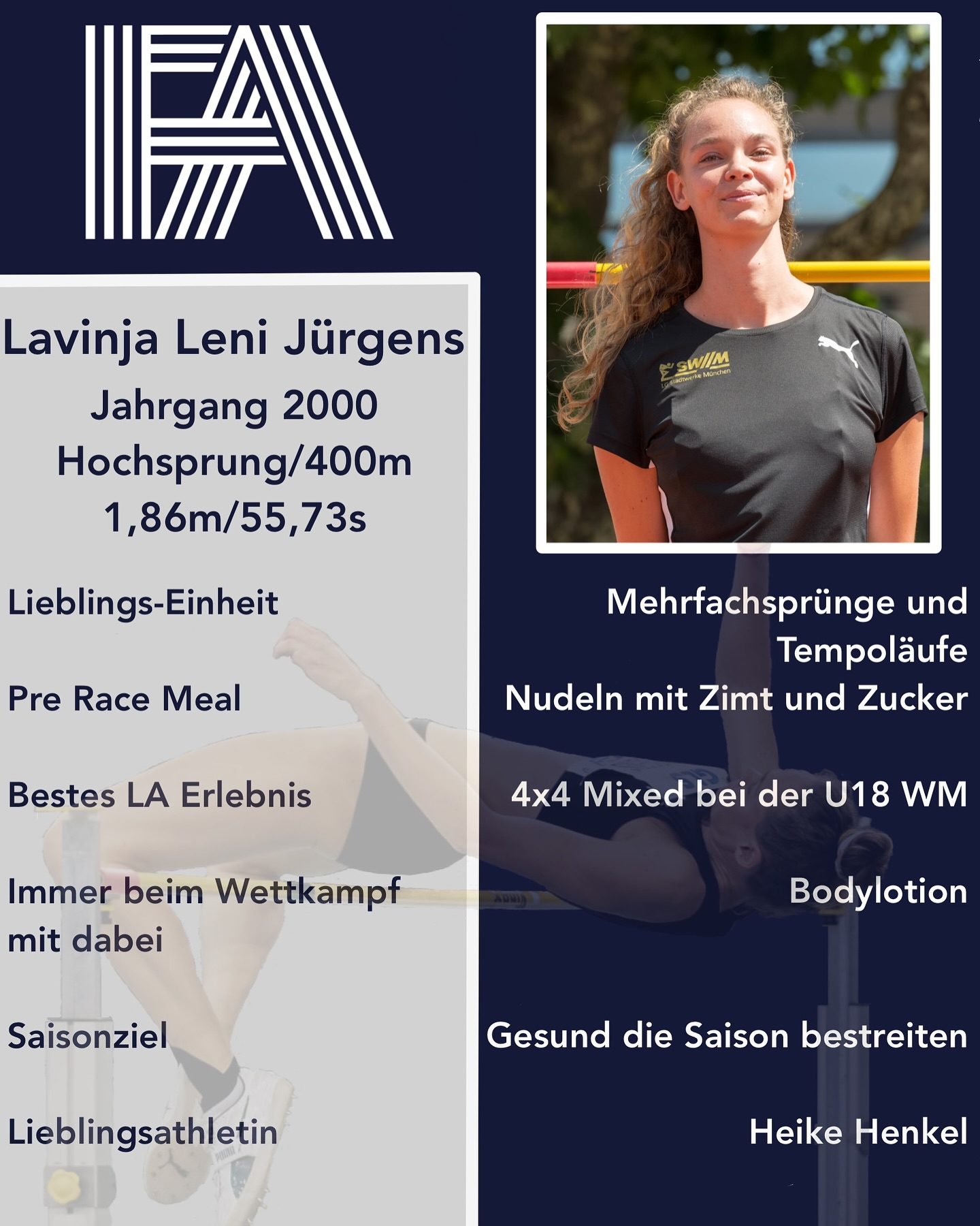 Auch heute stellen wir euch wieder ein neues FA-Mitglied vor. Wir freuen uns @lavinjajurgens im Team zu haben, welche bemerkenswerte Leistungen sowohl im Hochsprung, als auch über 400m vorzuweisen hat 🔥.
Wir wünschen viel Erfolg für die kommende Saison und freuen uns auf viele tolle Ergebnisse für sie im FA Trikot! 🙌💯