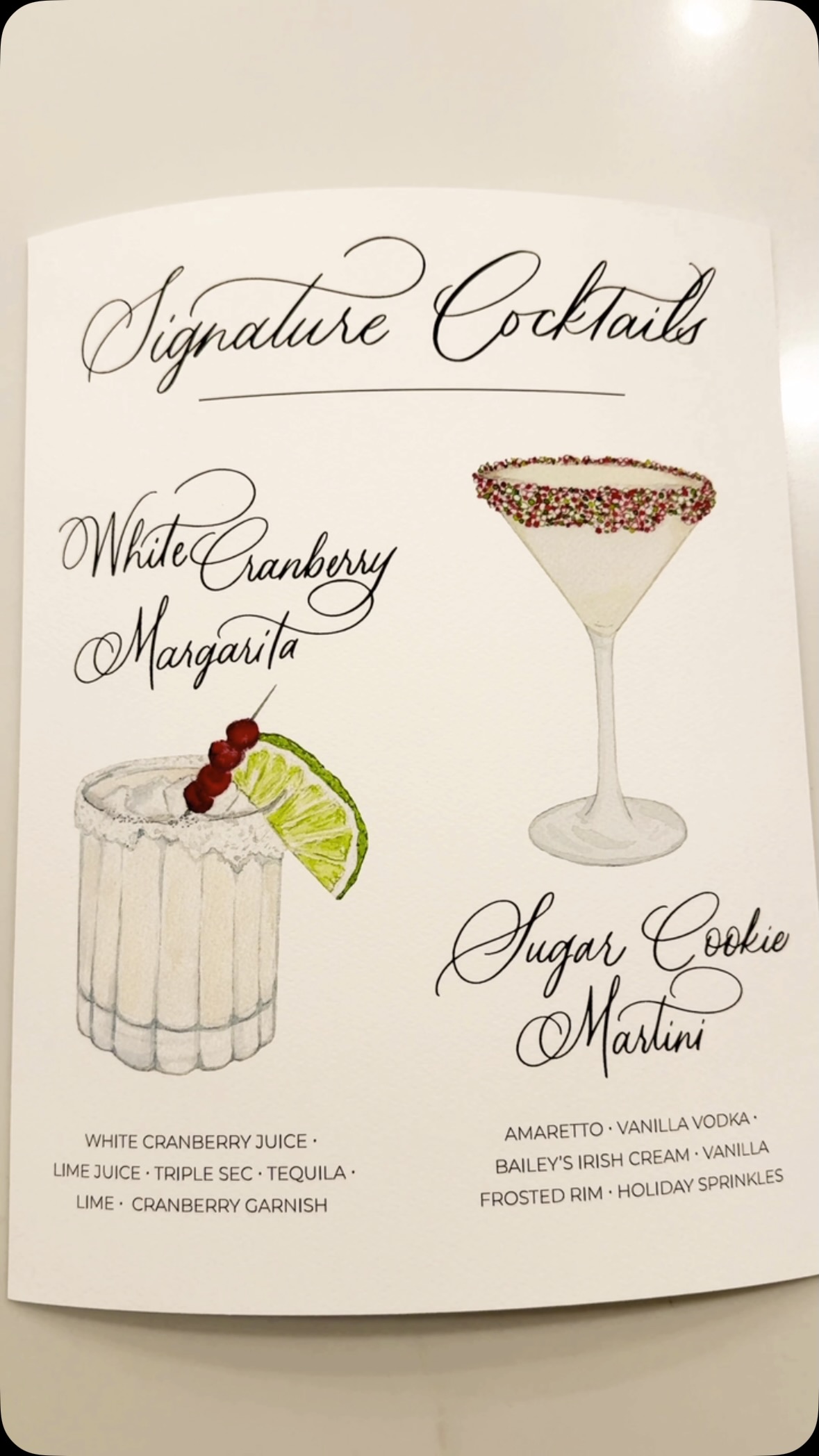 When the signature cocktails are the perfect touch of holiday magic ❄️✨
Wedding details for Ryan + Megan, featuring custom watercolor illustrations. Congratulations!!
Now booking 2025 + 2026 event stationery! #winterwedding #winterweddingdetails #weddingstationery #customweddingwatercolor #WeddingSignage #WeddingDetails #CustomWeddingDecor #SignatureCocktails #CocktailHour #WeddingInspiration #DecemberWedding #HandcraftedLove #WeddingVibes