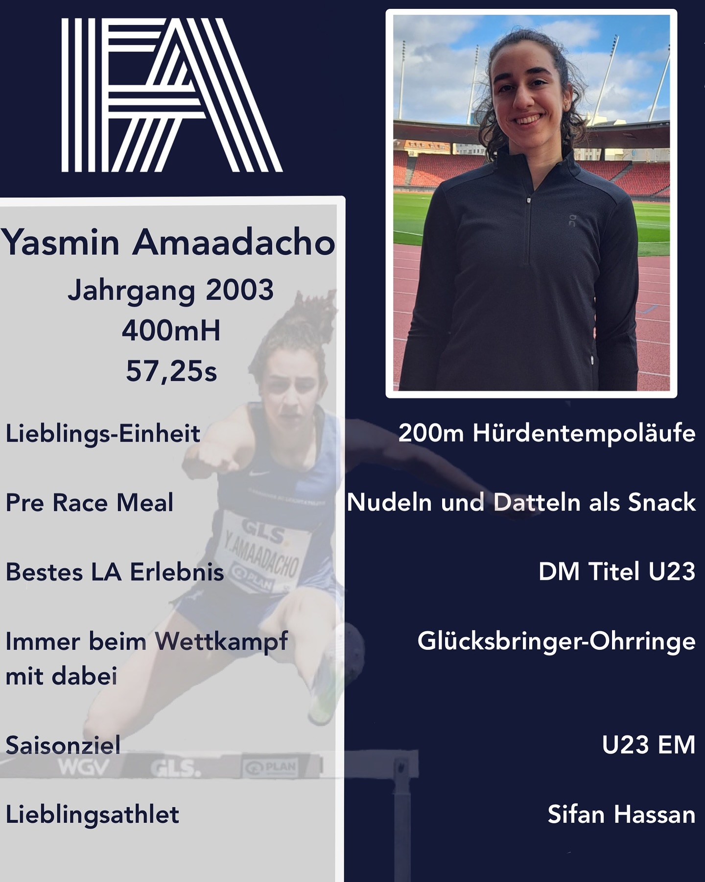Wir stellen vor: @yasmin.amaa , mit ihr startet ab kommender Saison eine weitere sehr starke 400mH Läuferin für Frankfurt Athletics. 💪 Wir sind auf tolle Rennen gespannt und hoffen, sie auf dem Weg zu weiteren Erfolgen begleiten zu können 🔥🙌!