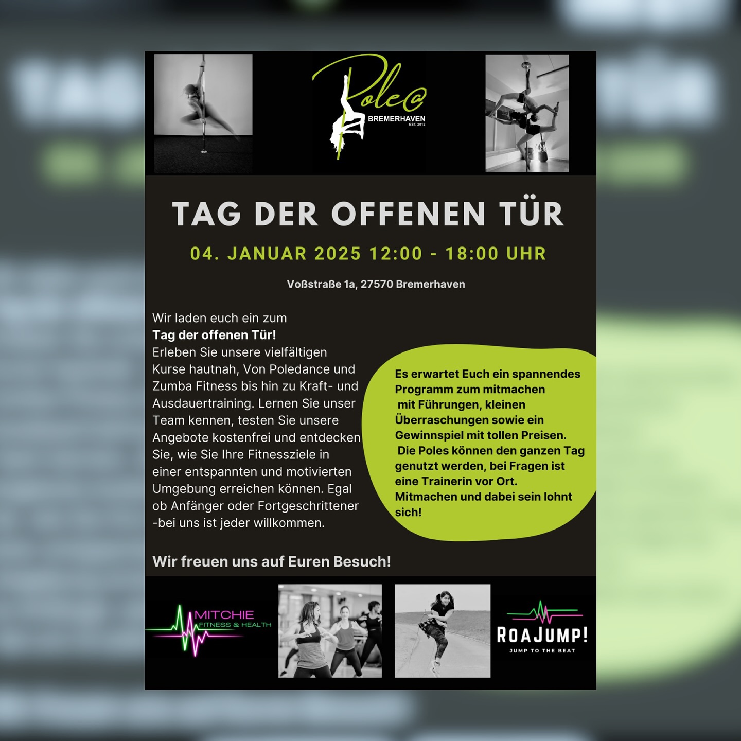 Tragt es euch in den Kalender ein 🗓️💚
Wir freuen uns auf euch und eure FreundInnen/Familien.
Natürlich könnt ihr an dem Tag alle Kursangebote kostenlos ausprobieren. Also bringt gerne Sportkleidung mit 🤸