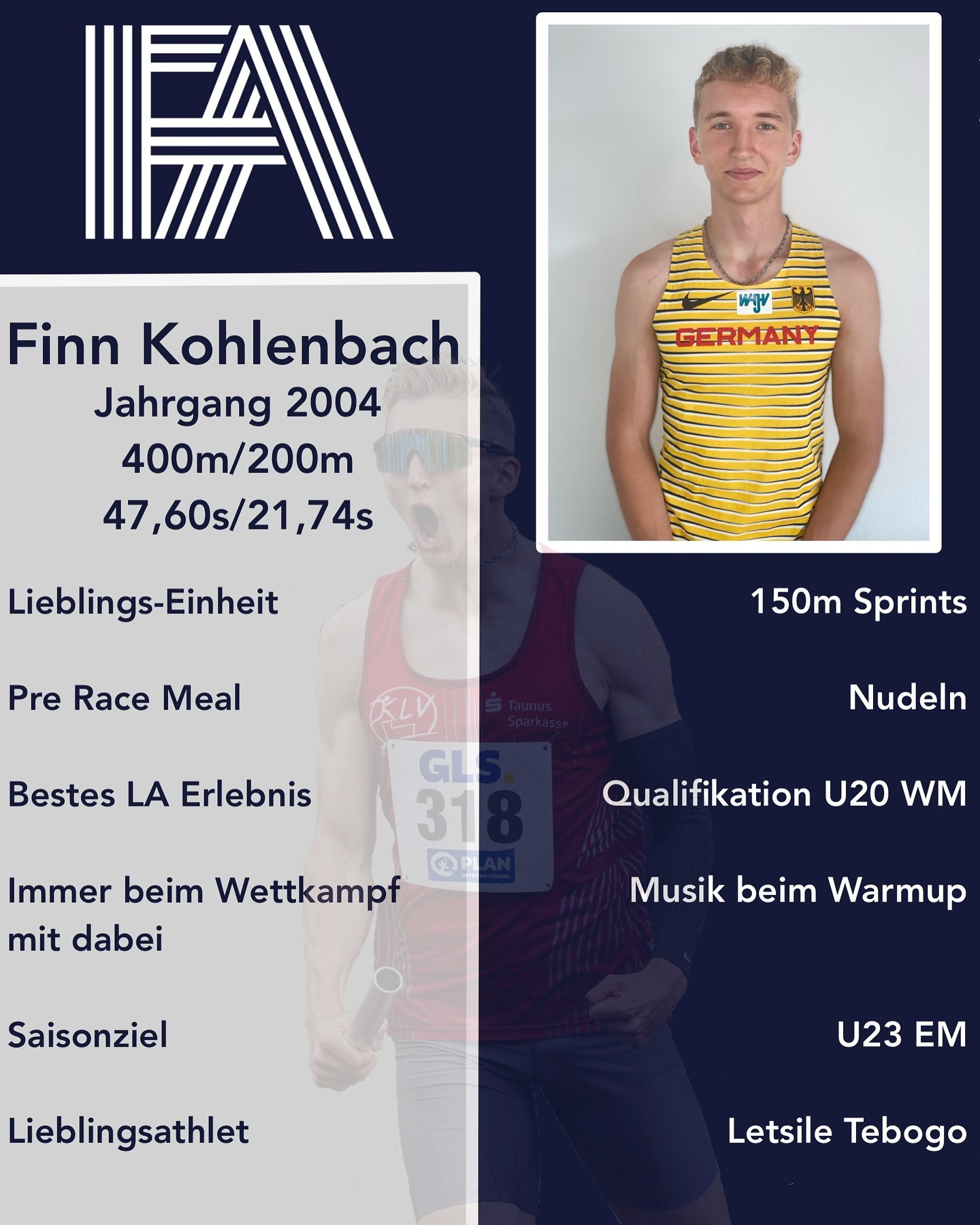 Als nächsten Athleten stellen wir @finn.koh vor. Er wird in der kommenden Saison das FA Trikot über die halbe und ganze Stadionrunde tragen 💯🔥.
Wir wünschen viel Erfolg und freuen uns auf starke Leistungen in der Zukunft 💪!