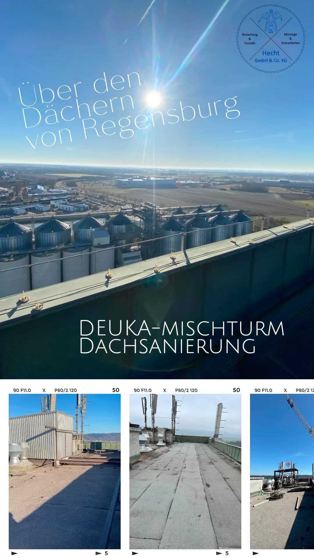 DEUKA Dachsanierung auf dem Mischturm in 55m Höhe Im Zuge der Sanierung wurde ein alter Fassadenaufzug demontiert und entsorgt. #deuka #flachdachsanierung #dachsanierung #kraneinsatz #saller #teamwork