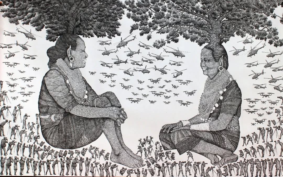 Congratulations to our long term DAS collaborator and artist Joydeb Roaja, on being part of The 11th Asia Pacific Triennial of Contemporary Art at the Queensland Art Gallery & Gallery of Modern Art! SAF members have been part of his journey in communication and shipment of the work, and we are happy to see his art included in this exhibition.
Seventy artists, collectives, and projects from more than 30 countries will feature in the eleventh edition of the Triennial. The exhibition explores themes that resonate across these cultural landscapes, such as how we care for natural and urban environments, protect and revive cultural heritage, and how histories of migration and labor shape experiences today.
The Future of Indigenous Peoples (2024) series by Joydeb Roaja, featured in the Asia Pacific Triennial, addresses the eviction of indigenous people from traditional lands and the resulting loss of villages and culture. It is particularly inspired by Roaja’s experience of witnessing non-indigenous people filming and disrupting traditional ceremonial practices.
Roaja belongs to the Tripura community and is one of the area’s most prominent artists. His work is dominated by distinctive figurative paintings and a multidisciplinary practice that intersects with his performance art. He has become a powerful and poetic voice expressing his people’s symbiotic relationship with nature and the fraught history of land and human rights in the region.
The exhibition will open on 30 November 2024 and run until 27 April 2025. Be sure to visit if you're in Queensland!
Artwork: The Future of Indigenous Peoples 2 (2024) by Joydeb Roaja.
Medium: Ink on paper.
Image courtesy of the artist.
@dhakaartsummit
@samdaniartfoundation
@srihatta_sylhet
@nadiasamdani
@rajeebsamdani
@dhakadiana
@rux_q
@joydebroaza
@swilin_haque
@sazzad1985
@iftekharnoor
#dhakaartsummit #samdaniartfoundation #dhaka #art #artwork #DAS #exhibitions #contemporaryart #sculpture #SAF #joydebroaja