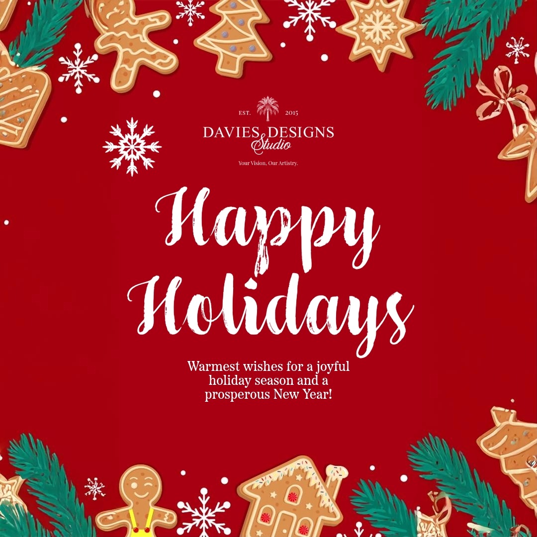 Happy Holidays from Davies Designs Studio!
As the year comes to a close, we’re reflecting on the joy and creativity that have filled our journey with you. Over the years, it’s been our absolute delight to help capture life’s special moments through family and holiday photos, create polished professional headshots, craft stunning websites, design unique business logos, and bring countless custom graphic design ideas to life.
Your trust in us to shape your memories, brand your businesses, and bring your visions to reality means the world to us. Whether it’s been a few months or a few years since we last worked together, know that you’ve been a valued part of what makes Davies Designs Studio so special.
This holiday season, we extend our heartfelt gratitude to you and our business partners. Thank you for allowing us to share in your stories and projects, and for being part of our creative family. Wishing you and yours a season filled with warmth, happiness, and inspiration.
Here’s to more creativity and connection in the New Year!
With appreciation,
Crystal Davies
Owner, Davies Designs Studio
-------------------------------------
Davies Designs Studio Holiday Hours
Davies Designs Studio will observe the following schedule this holiday season:
We will CLOSE December 23, 2024
We will REOPEN January 6, 2025
If you're enrolled in a website maintenance or social media support plan, rest assured that these services will remain active during our closure. Simply visit our Client Support Portal to submit your website or social media update requests, and we’ll be happy to assist you!
Client Support Portal >> www.daviesdesigns.net/client-support