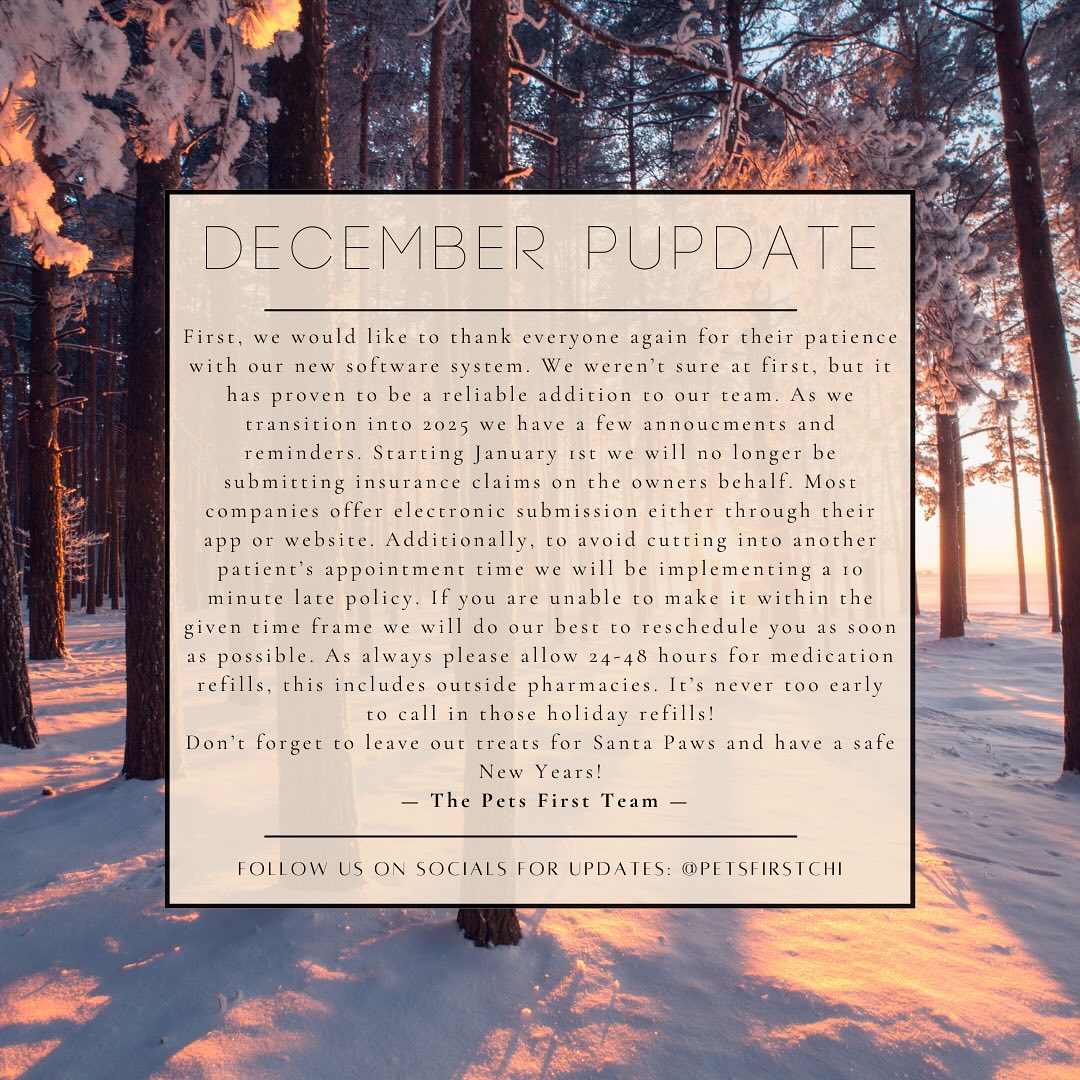 Happy Holidays from all of us at Pets First! 🎁🎄
Please give us a call if you have any questions ☺️
We’ll see you next year! 🥳