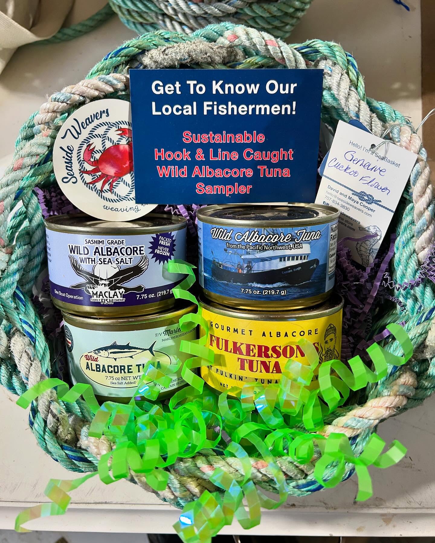 Looking for a holiday gift idea? Our Captain’s baskets let you sample gourmet albacore which has been sustainably caught by four of our local Woodley Island Captains. The basket itself is handwoven, by us out of reclaimed fishing rope. A tasty collaboration indeed! Free local delivery. $100.00 and we can ship. Order on our website (link in bio) or message us for rates.
donated