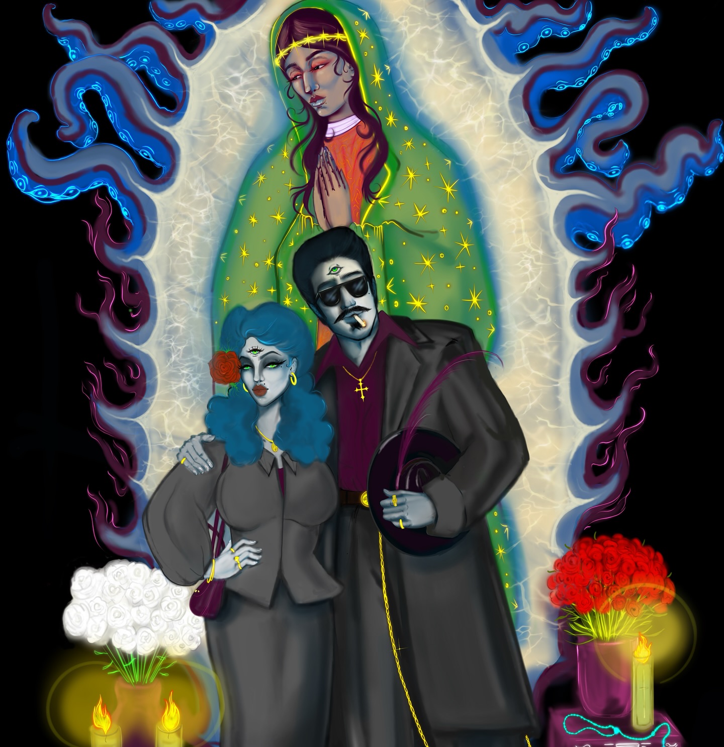 Feliz cumpleaños Virgencita Linda 💚💙
This one took my almost 2 months it’s digital but
I was self doubting the vision
I love her she came out beautifully
Art piece for the Pachuco Show back in July
Gifted to @chokotattoos I’m sure you won’t miss it if yall ever go to his shop 🎨
#guadeloupe #virgencita #artist #latinaartist #virgendeguadalupe #lasmañanitas #loveart