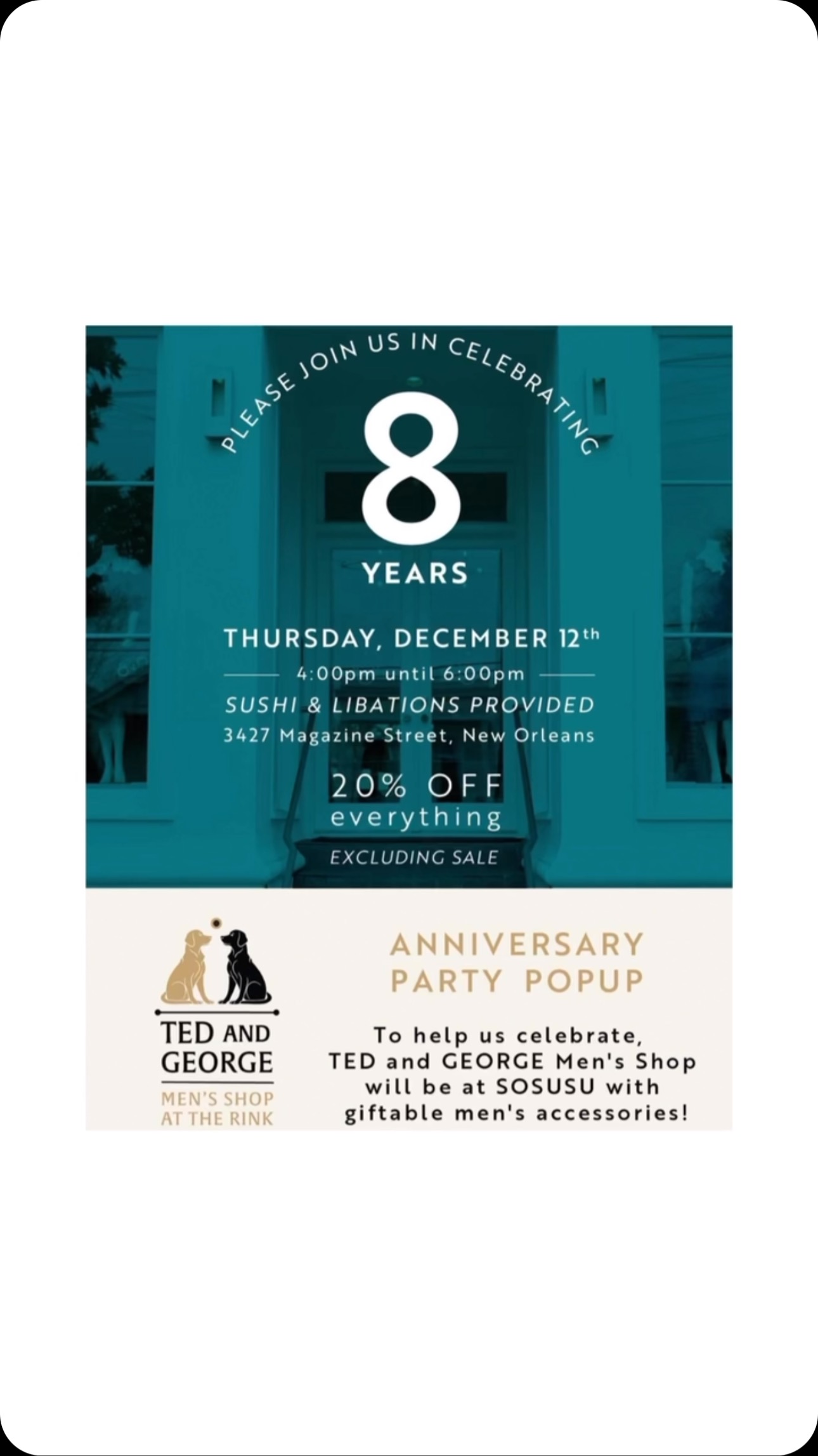 🍣 🍾*RIGHT NOW* at @sosusuboutique! Stop by on your way home! We are thrilled Susu is having a special pop-up with our very own @tedandgeorgemensshop—showcasing unique, giftable #menswear and more.
Enjoy #sushi, #drinks, and an exclusive 20% off your entire purchase of Sosusu items (excluding sale)!
Don’t miss this incredible #holiday shopping opportunity!
Xx The Rink✨
#ShopLocal!
_______
#neworleans #gardendistrict #gardendistrictnola #therink #shopping #retail #neworleansfood #retailtherapy #nola #shoplocal! #therinknola #shopsmall #gardendistrictbookshop #chicoryhouse #pameladennisneworleans #judyattherink #maisonette #tedandgeorgestyle #christmas #holidays #theholidays