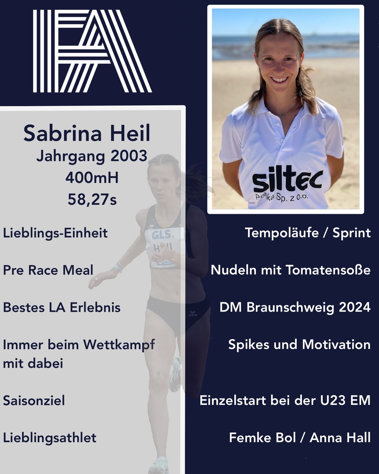 Auch heute präsentieren wir euch eine neue Athletin: @sabrina.heil verstärkt FA als starke 400m Hürden-Läuferin und wird ab kommender Saison im dunkelblauen Trikot starten 🙌👋!
Wir freuen uns sehr, eine weitere schnelle Athletin begrüßen zu dürfen und sind auf tolle Ergebnisse gespannt 💯🍀
