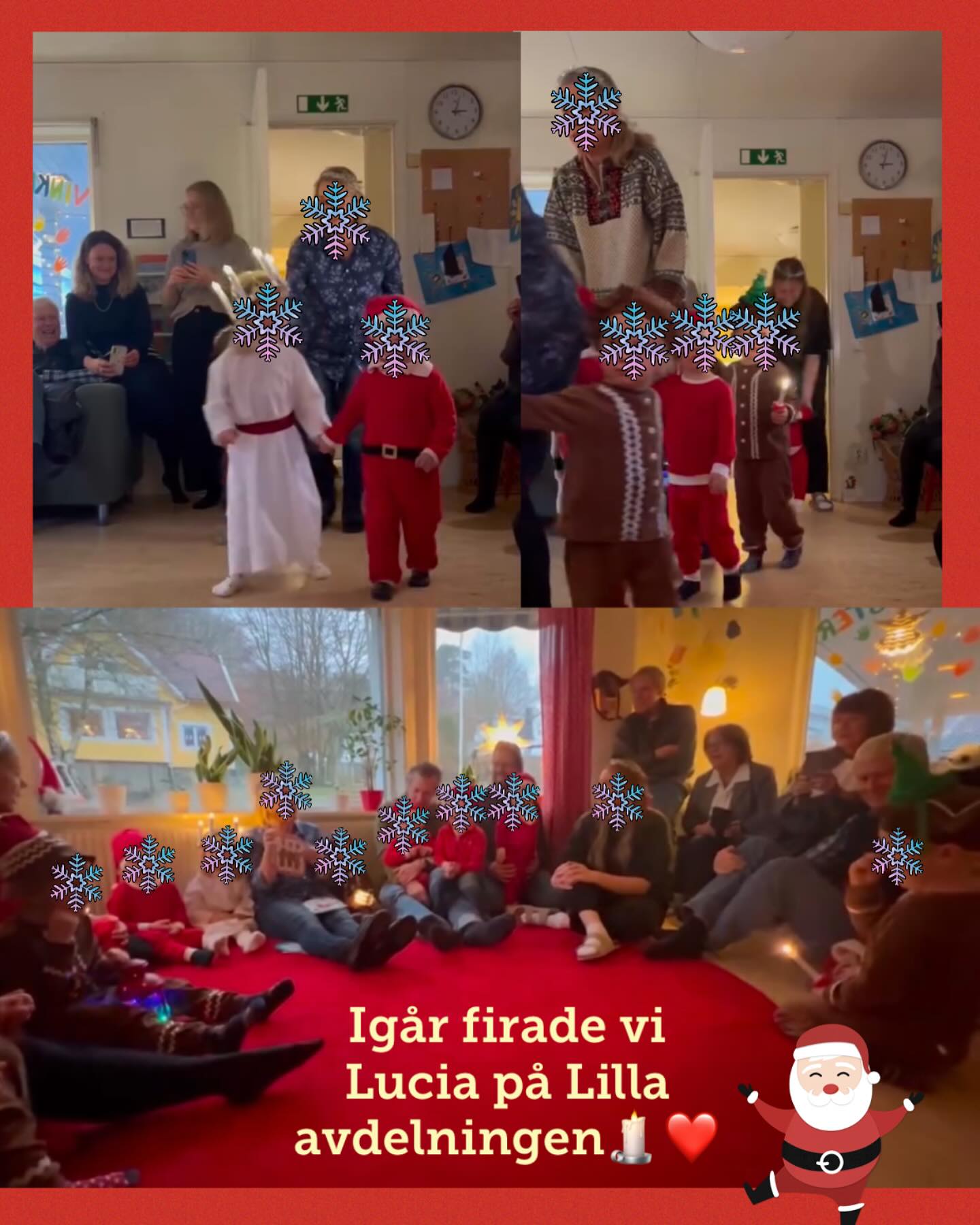 ❤️Ute är mörkt och kallt, i alla husen lyser nu överallt de tända ljusen.
Nu kommer någon där, jag vet nog vem det är: Sankta Lucia, Sankta Lucia❤️🕯️