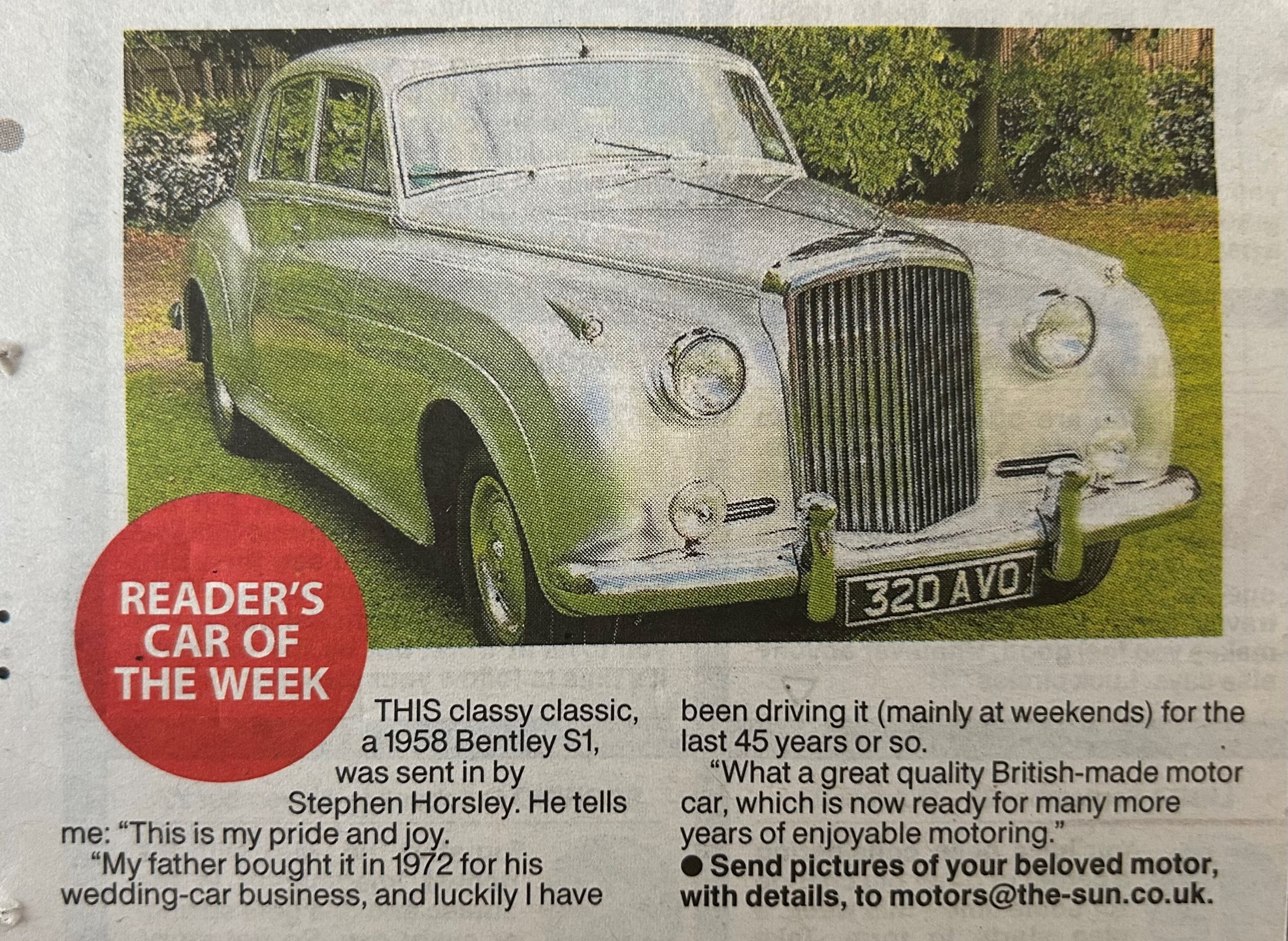 A nice story for a change in a national newspaper last weekend!
Our silver Bentley S1 320 AVO, featured here in The Sun newspaper.
#lentonlimousines