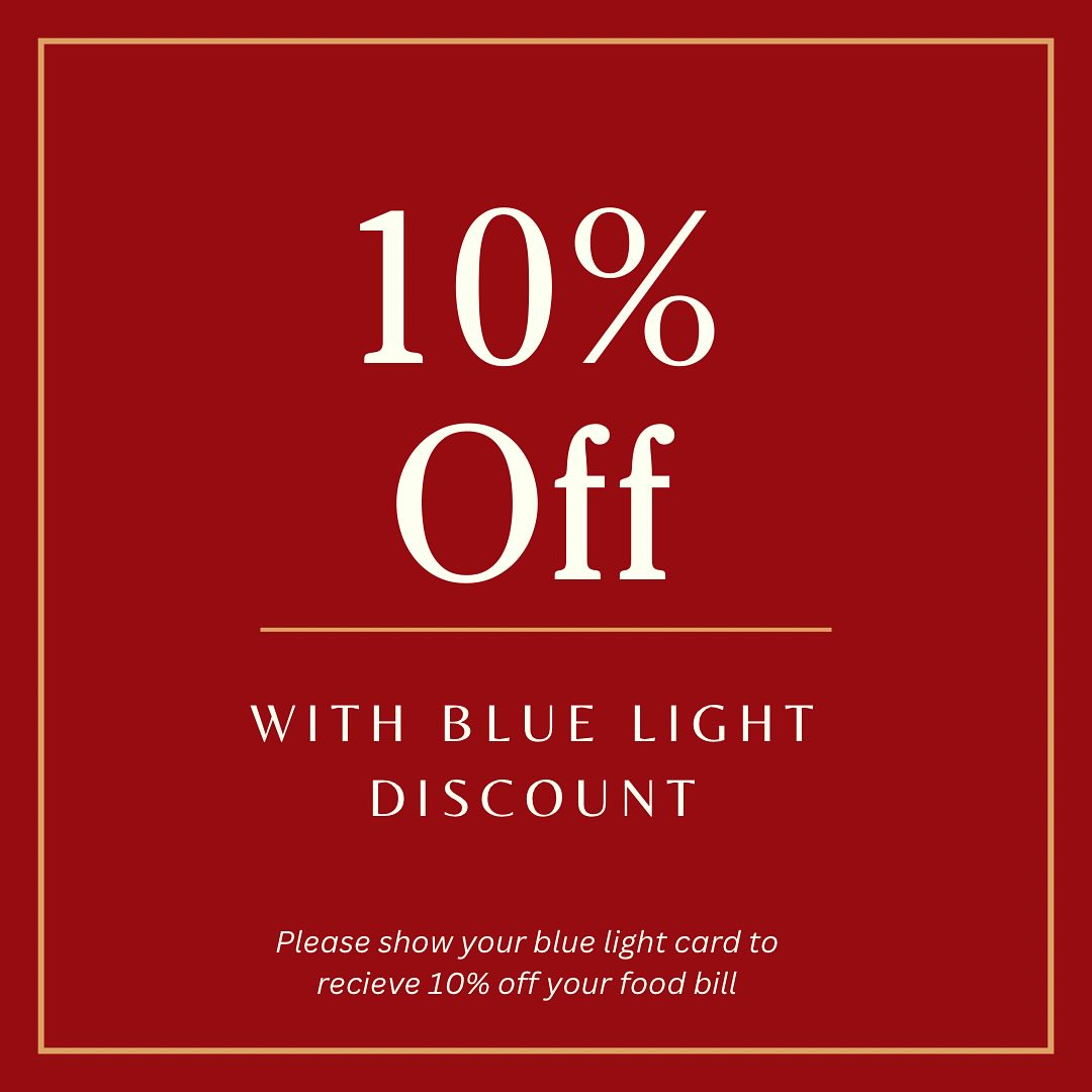 We are proud to support our emergency services, NHS, social care sector and armed forces! 💙
All you need to do is present your blue light card to receive 10% off your bill.
.
.
.
Not applicable alongside any of our other offers
Discount is available for tables up to 7 people