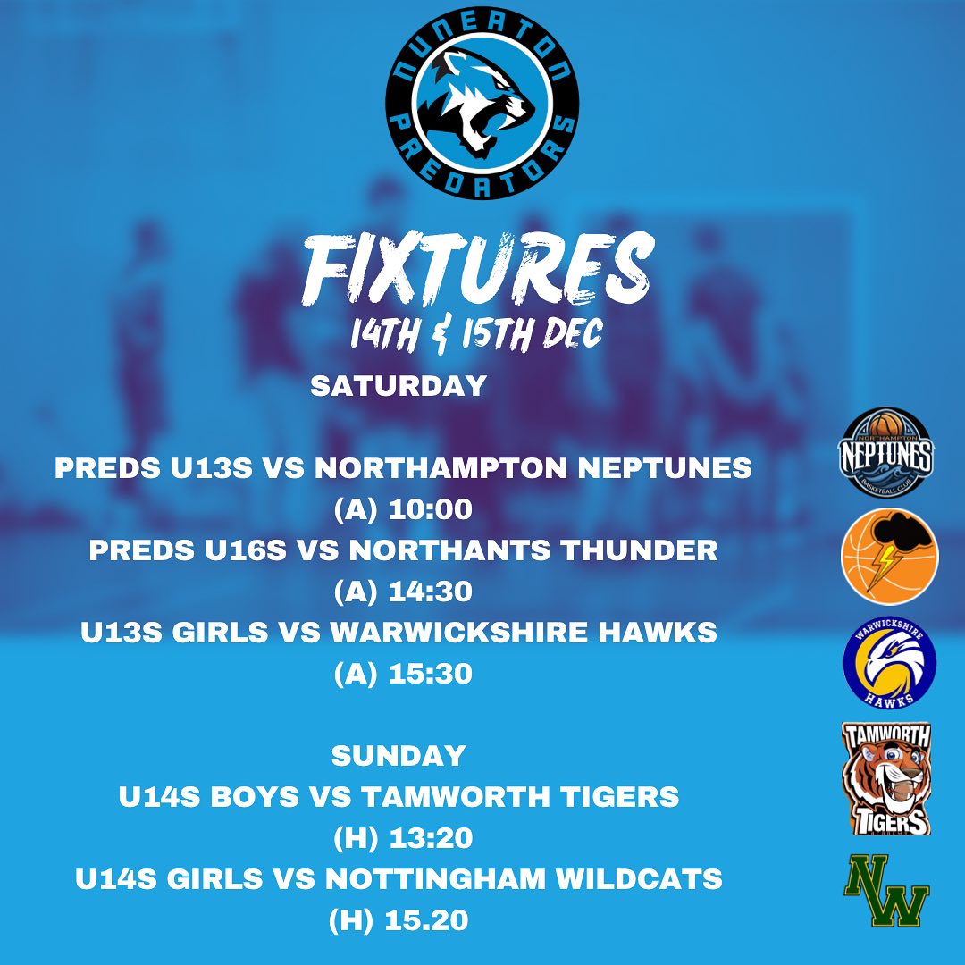 Fixtures for this weekend, 14th & 15th Dec. Busy weekend, Best of luck to all Preds in action.
#letsgopreds #partofthepride #thisgirlcan #femaleballers #ybl #NBL #warwickshirebasketballleague