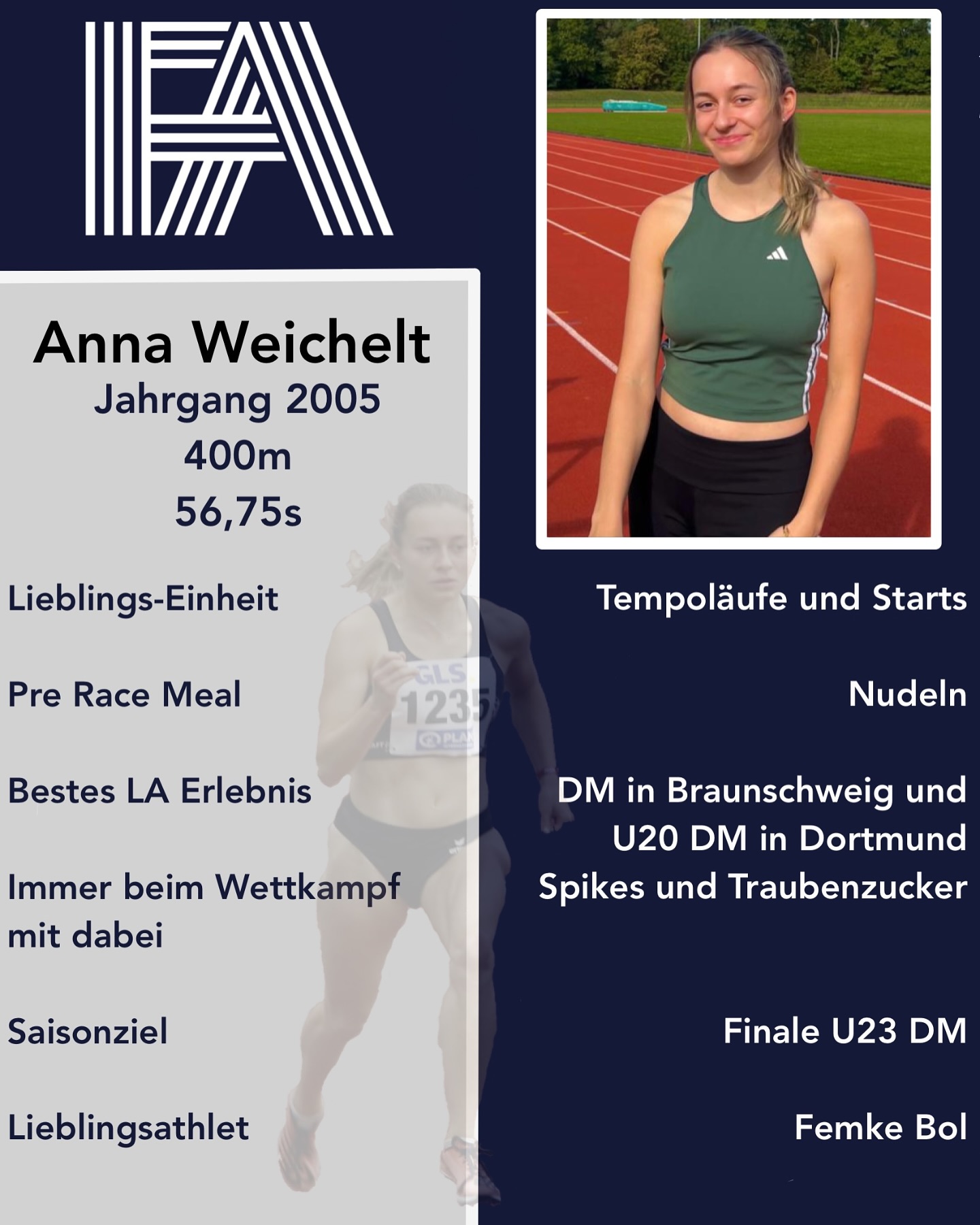 Wir begrüßen einen weiteren Neuzugang aus Leipzig: @anna_14_03 👋. Die 400m Läuferin wird von nun an im FA Trikot an den Start gehen 💪💯.
Wir freuen uns sehr und hoffen einige tolle Momente und Erfolge gemeinsam feiern zu können! 🙌
