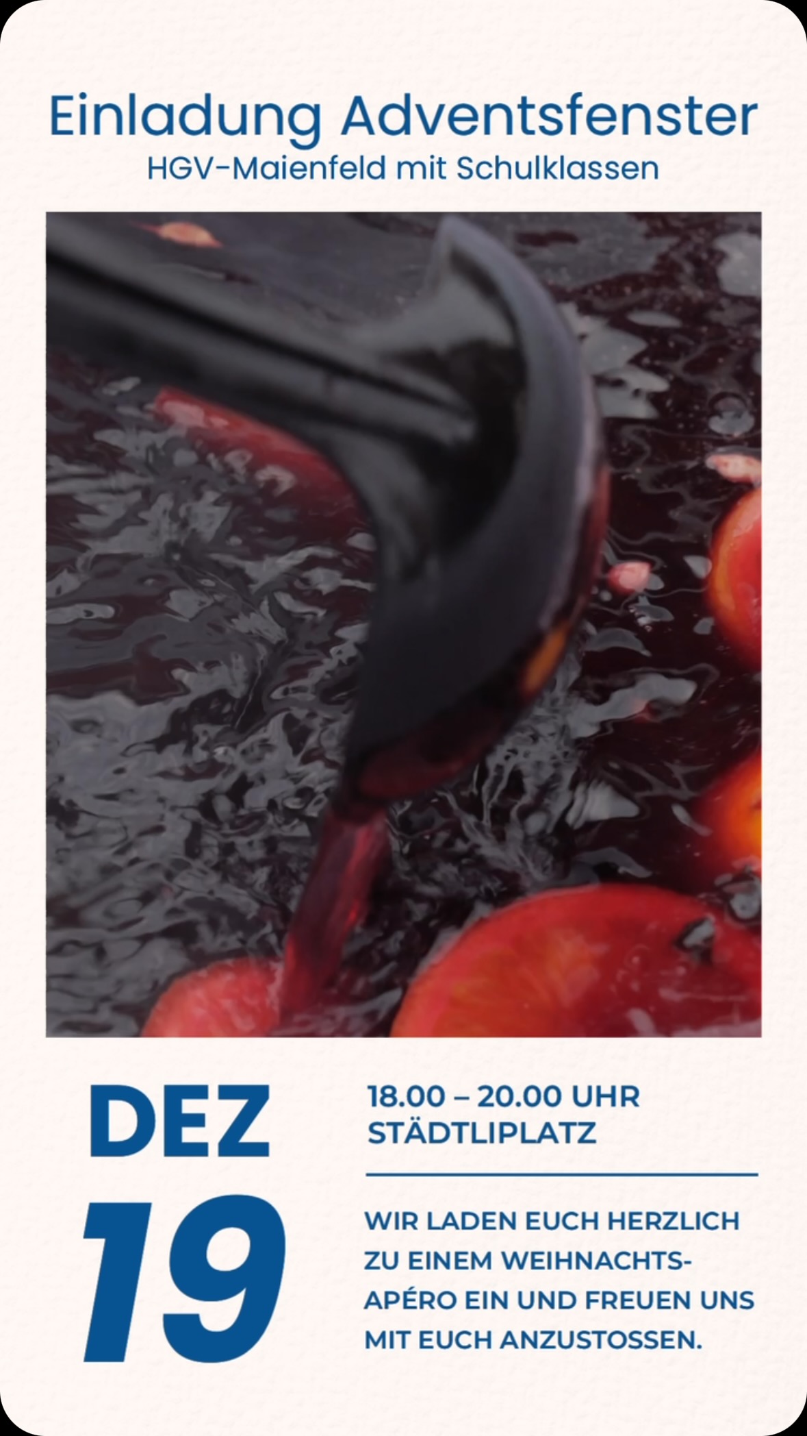 Adventsfenster
HGV-Maienfeld mit Schulklassen
Wir laden euch herzlich zu unserem Weihnachts-Apéro ein und freuen uns mit euch anzustossen.
19. Dezember 2024
Apéro 18.00 Uhr bis 20.00 Uhr
Städtliplatz
#hgvmaienfeld #schulenmaienfeld #handelundgewerbe #adventsfenster #apero #cheers #städtliwiahnacht