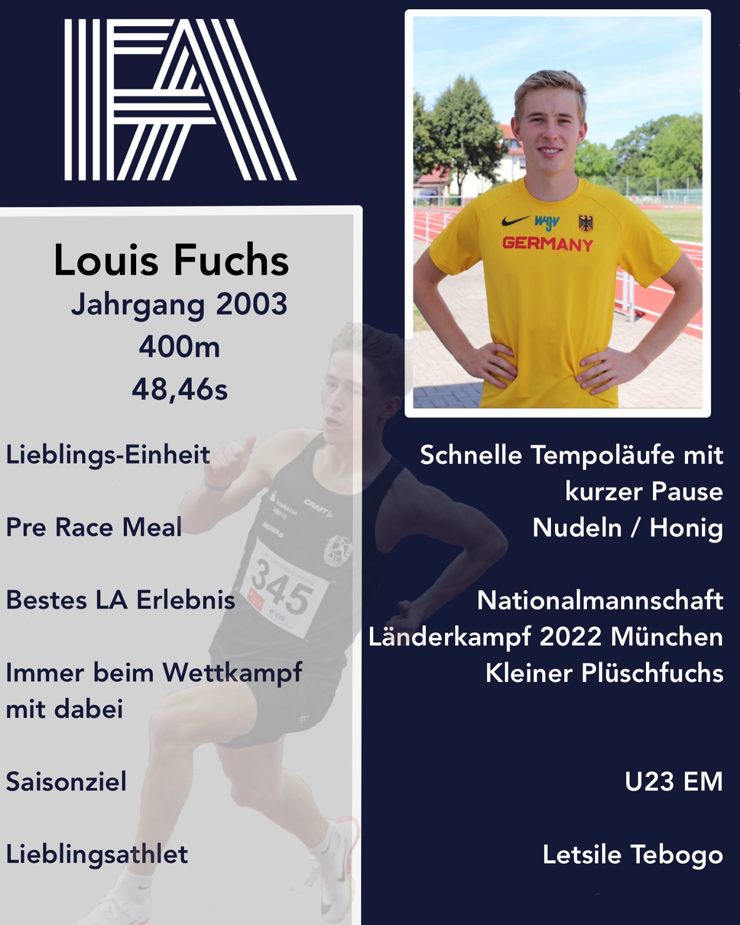 Unser nächster Langsprinter im Bunde: @__louisfuchs__
Der Leipziger wird ab kommender Saison Teil des FA Teams 🙌🔥.
Wir sind gespannt, was Louis über 400m und 800m für Erfolge feiern wird und freuen uns, ihn zu unterstützen 💪