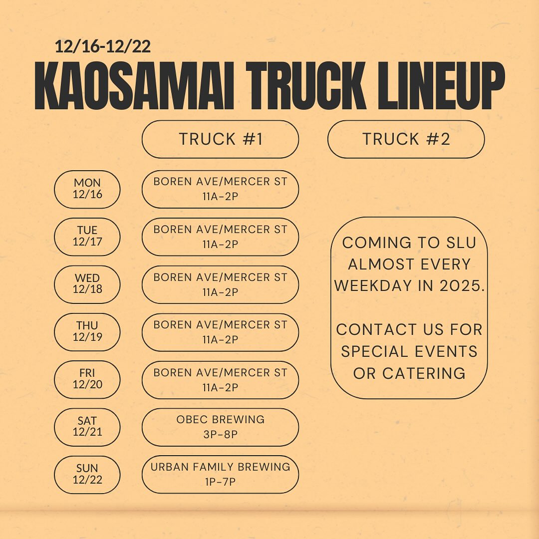 UPDATED SCHEDULE: Due to unforeseen circumstances we will only have one truck in SLU this week at our Boren location, online ordering is available. We apologize for any inconvenience.
Catch us this weekend at @obecbrewing and @urbanfamilybrewing !
Sunday the 22nd is the last day to dine with us on the truck or at the restaurant before the new year!
Thank you to our loving community for supporting our dreams since 2001 🫶🏽
Happy Holidays 🎊
#seattlerestaurants #seattlefoodtrucks #seattlefoodie