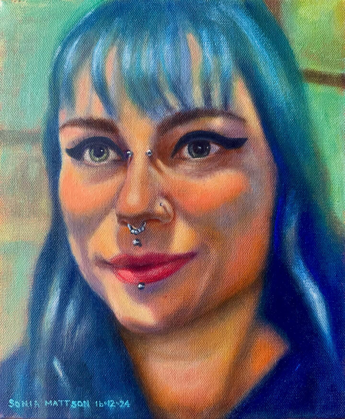 ‘Ashleigh’ water miscible oil on canvas. I noticed Ashleigh’s striking looks in Newtown some time ago and thought she’d make a great portrait subject. #portrait #female #femaleportrait #facialpiercing #bluehair #beauty