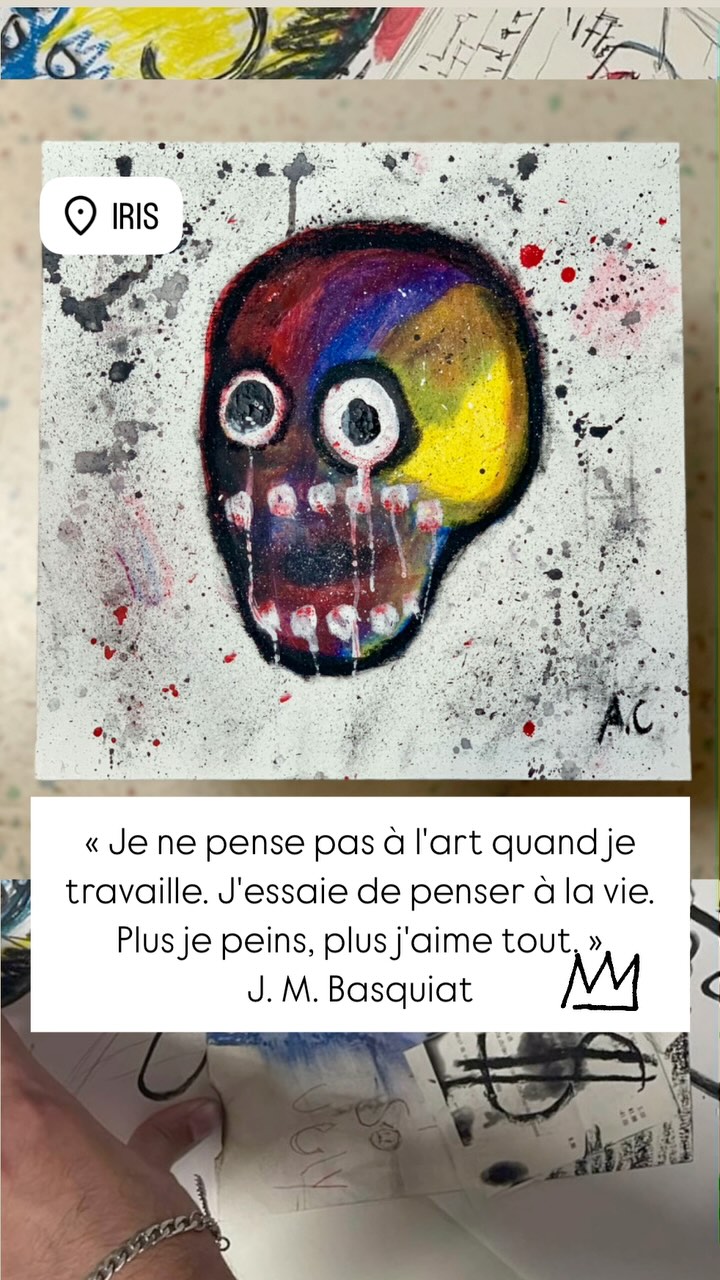 Des recherches et une peinture à l’acrylique réalisée par Adam @adamcardd #artbrut #basquiatinspired #basquiatinspiration #drawingstudent #coursdedessinlausanne #coursdepeinturelausanne #acrylicpainting #inkdrawing #doodling #sketching