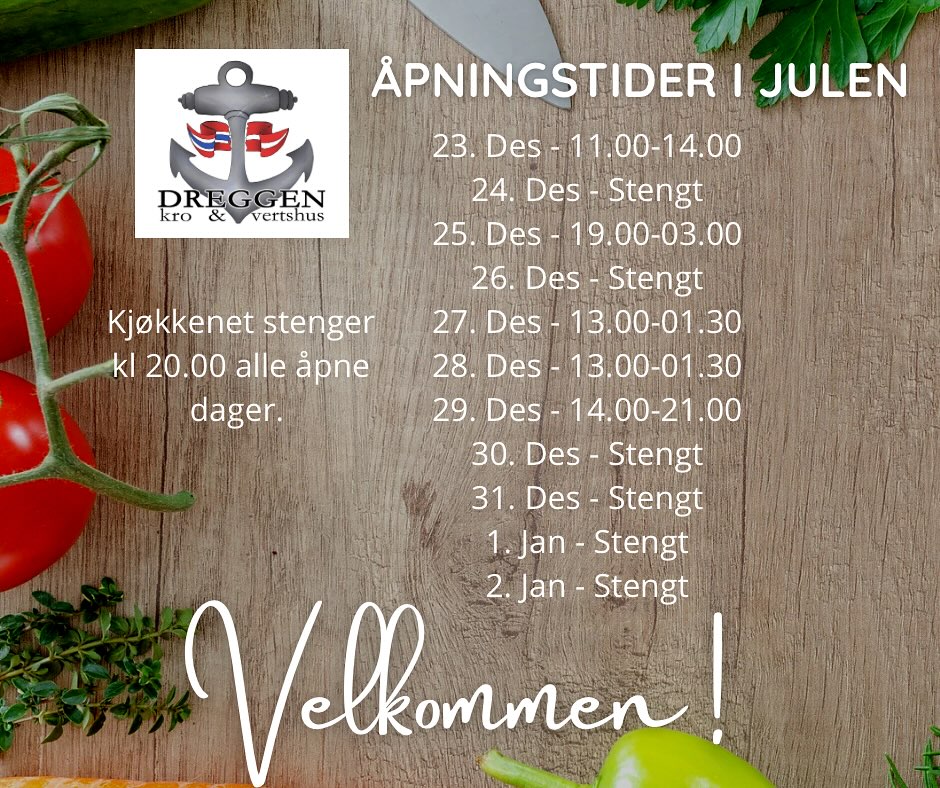 Slik blir åpningstidene i julen på Dreggen, i romjulen vil vi kjøre flere gode tilbud, følg med! 🎄✨