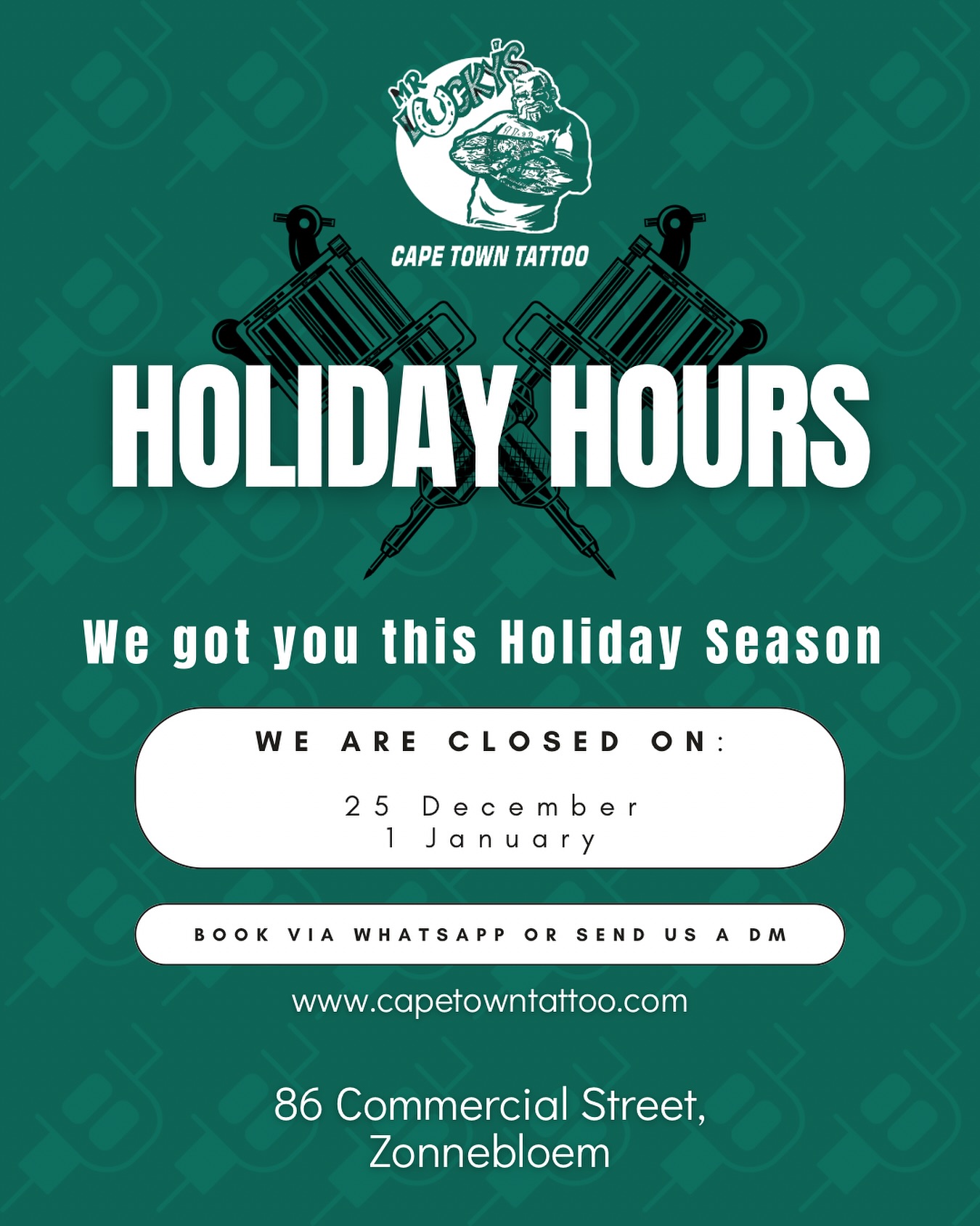 We’re only closed on Christmas Day and New Year’s Day! 🥳
Got time off work? Perfect—come get tattooed! DM or WhatsApp us to book your spot.
#mrluckystattoo #capetowntattoo #capetowntattooartist #capetowntattoostudio #capetowntourism #tattoossofinstagram #inkstagram #tattooideas #tattoolove