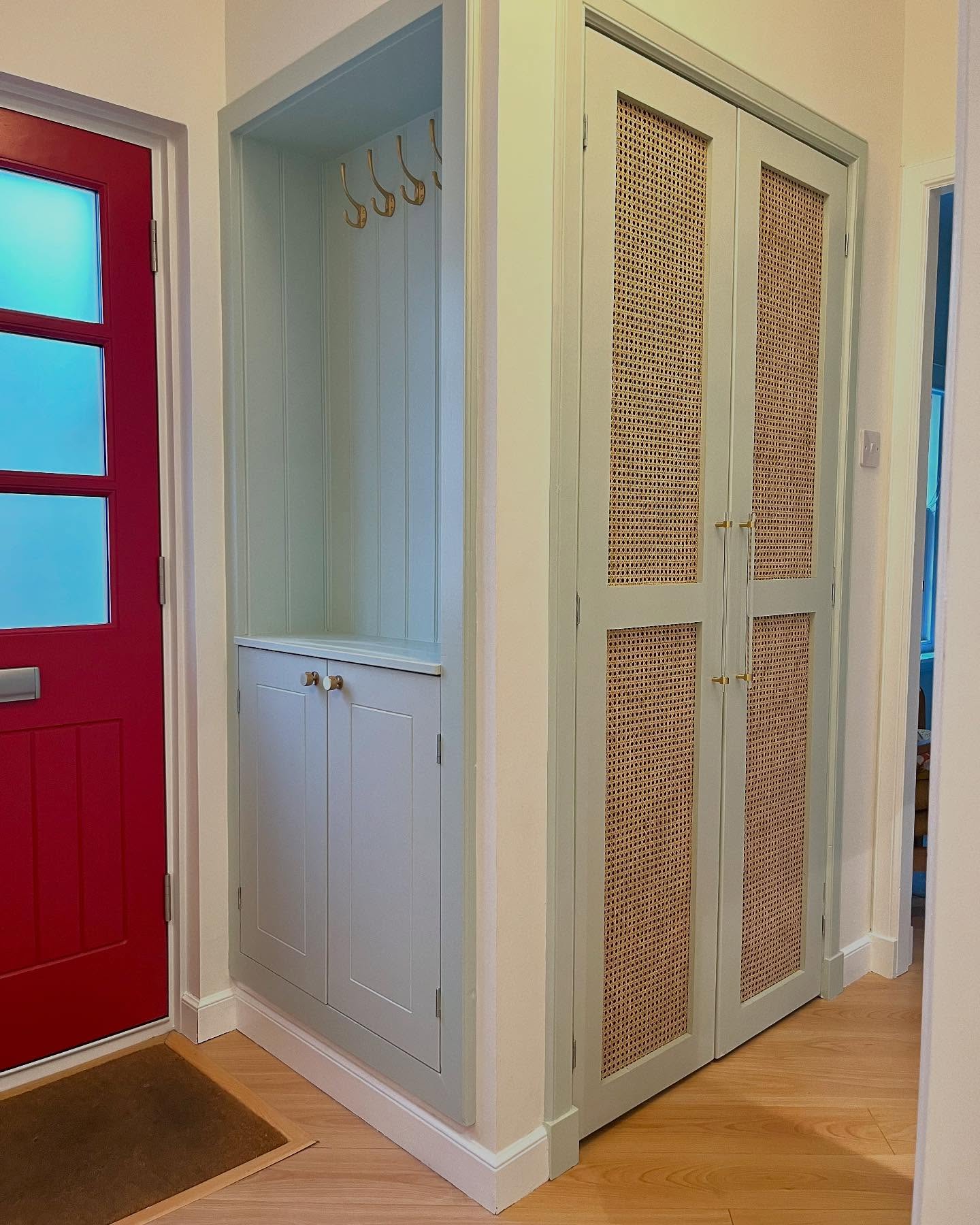 Really happy with how these rattan doors have turned out! My client wanted to replace the outdated louvre doors in the hallway but with something that would still allow airflow for the boiler situated inside the cupboard. I suggested that rattan could be a good option.
I asked my joiner @ally_meek_joinery to make the door frames and ordered the rattan from Amazon. We painted the doors in @littlegreenepaintcompany ‘Aquamarine Light’ which I felt would really set off the colour of the rattan and make more of a feature of the cupboard. I also painted the side cupboard in the same colour, adding tongue and groove panelling to the back and brass hooks so my client has somewhere to hang coats.
We then soaked the rattan in warm water for 30 mins before stapling to the back. When the rattan dries, it then becomes taught, giving a really lovely finish. The handles are from @boutique_handle_co
The hallway now feels really fresh, welcoming and up to date.