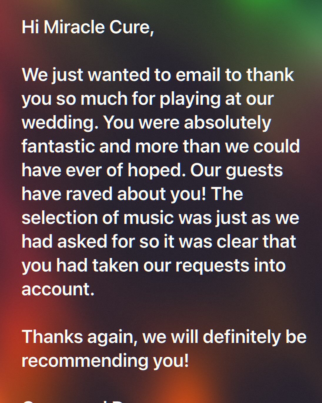 Testimonials! Thank you Grace & Dom; Tom & Danielle ❤️❤️ #weddingband #Irishmusic #irishtrad ##weddingentertainment #entertainmentindustry #livemusic #coverband #Irishweddingbanduk #functionband #rockcoversband #miraclecure_band #thescene #indiecoversband #ibanez #ibanezprestige #fishman #martinaudiolondon #voxampsuk #weddingbands #corporateevents #irishtrad #Irishmusic #turbosound #eventsplanner #ceilidh #ceilidhband #corporateeventplanner #corporateevents #myweddingsuppliers #folkweddingband #miraclecure_band