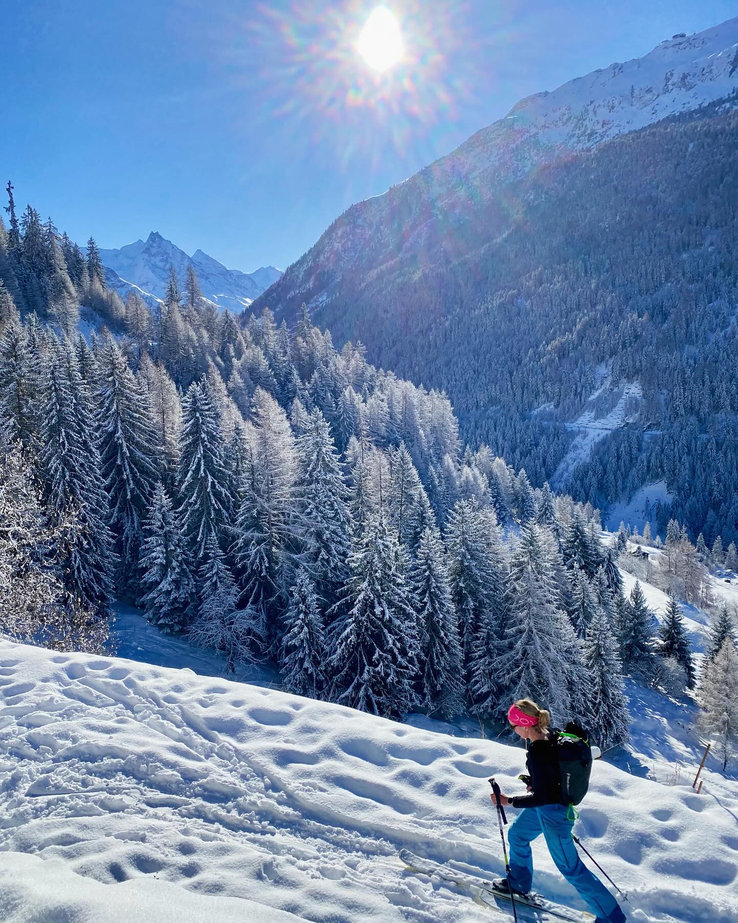 Blue skies but high winds up top so it’s the perfect time to do some ski touring in the 🌲 🌲