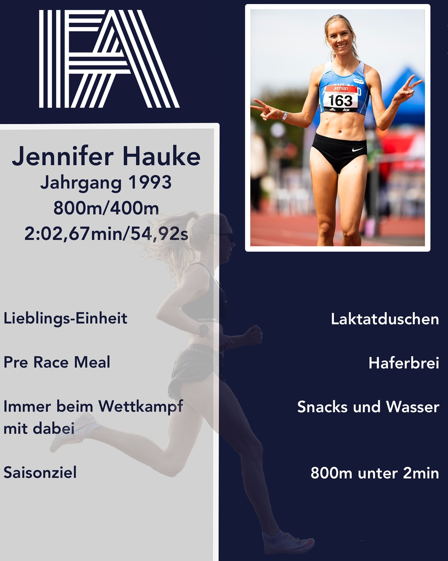 Als Nächste im Bunde stellen wir @jenniehauke vor 🔥.
Die starke 800m Läuferin wechselt zu FA und wird ab nächster Saison ihre Ziele im dunkelblauen Trikot verfolgen! 🙌
Wir freuen uns auf starke Zeiten und sind gespannt, welche Erfolge sie erreichen kann 🥇