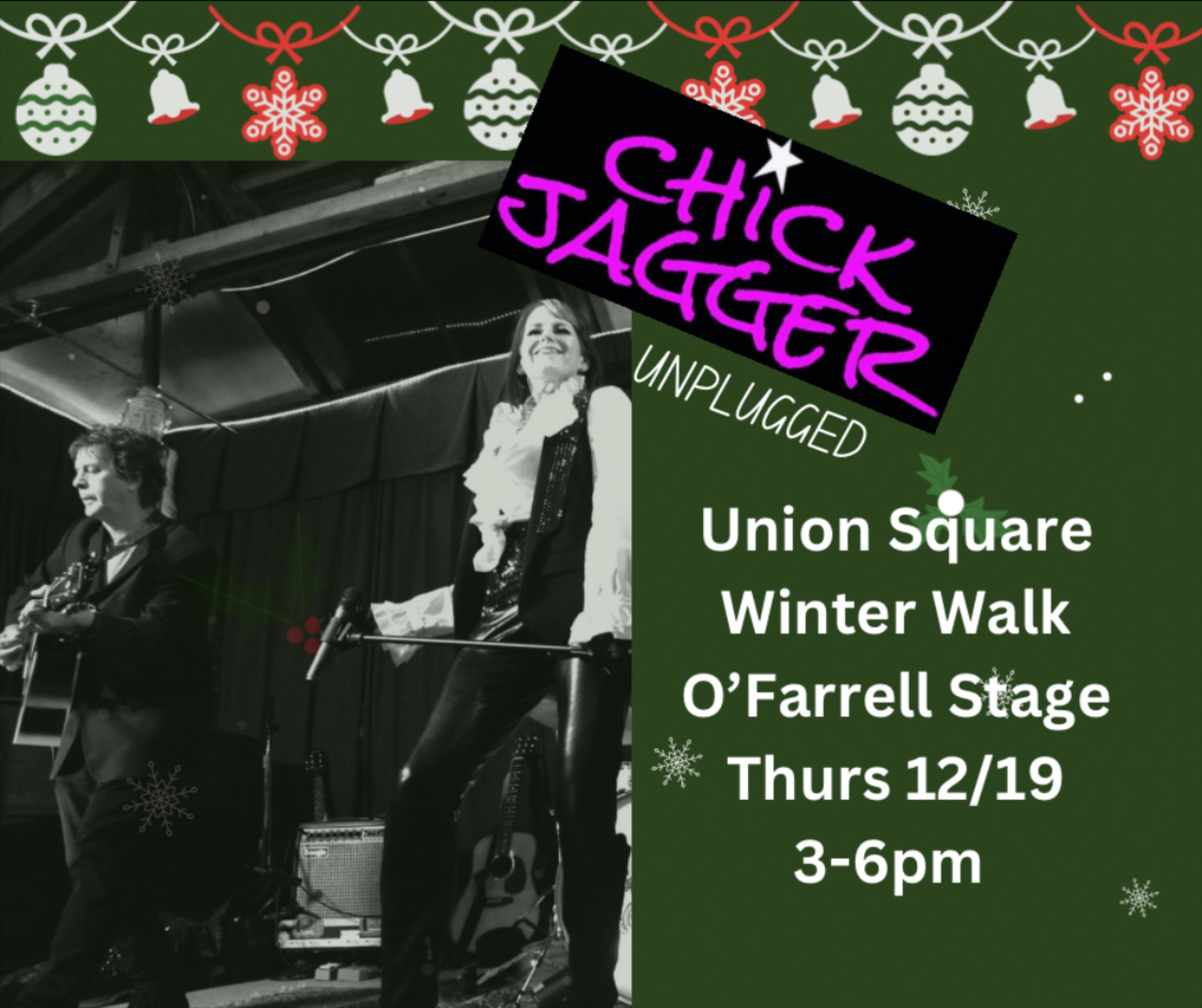 #tomorrow 12/19 - @chick_jagger brings our acoustic duo show to @unionsquaresf #winterwalk - join us from 3-6! #happyholidays #unionsquare #sf #rocknroll #holidays