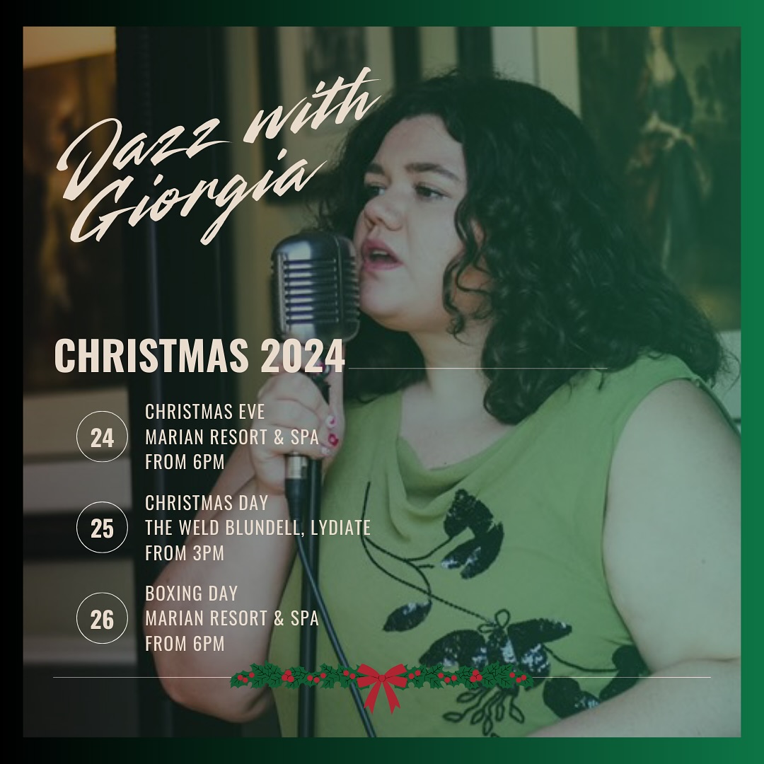 🎄✨ This festive season, join me for a series of jazzy celebrations that’ll keep the holiday spirit alive!
🎅 Christmas Eve: Let’s kick things off at the Marian Resort & Spa from 6pm with smooth tunes and festive magic.
🎁 Christmas Day: Gather your loved ones at the Wellie from 3pm for a cozy, jazzy Christmas celebration.
🎉 Boxing Day: The festivities continue back at the Marian from 6pm for an evening filled with warm vibes and great music.
The holiday fun doesn’t stop there, so stay tuned for more surprises! 💃🎷✨
#JazzWithGiorgia #HolidayCelebrations #LiveMusic #FestiveJazz #jazzsinger #ukjazz #jazzmusic #postmodernjukebox #pmjsinger #ellafitzgerald #dorisday #whitechristmas #vintagechristmas #whatsonliverpool #whatsonnorthwales #liverpoolgigguide
