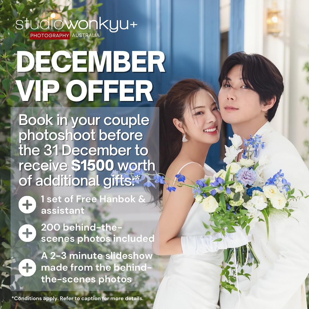 STUDIO WONKYU VIP OFFER 🤍
OFFER NOW CLOSED ❎
We are offering a limited and rare opportunity for couples to reserve their pre-wedding photoshoots by 31st December 2024 (photoshoot can be after this date), at our most popular Sixthfloor studio to receive a gift package valued at $1,500 AUD:
🍀 Free Hanbok dress + assistant
🍀 200 behind-the-scenes photos taken by the chief photographer (JPG format)
🍀 A 2-3 minute slideshow made from the behind-the-scenes photos (this is something we need to make ourselves and send it to customers, I guess it should be something we can do?)
This offer is available for:
⭕ only offered at Studio: Sixth Floor
⭕ Any shooting month
⭕ Customers with photoshoot sessions scheduled Monday to Friday
If you want to experience the celebrity-style beauty makeover 🫣 capturing a dreamy day of pre-wedding photography.
💌 DM us OR visit our website via link in bio to find out more!
·
·
·
#weddingphotography #preweddingphotography #engagementphotos #engagementshoot #koreanphotographer #koreanphotoshoot #southkorea #southkorea🇰🇷 #southkoreaphotography #studiowonkyu #koreastylewedding #koreawedding #asianweddingideas #seoultrip #koreatrip #kdramalovers #asianphotography #sydneyphotographer #melbournephotographer #韩国婚礼摄影
#prewedding #koreawedding #韩国婚礼
