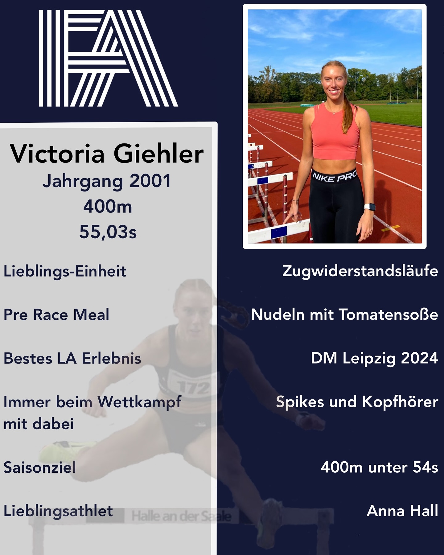 Wir kommen zu unserer letzten Athleten-Vorstellung:
Mit @vicky.ghlr wechselt eine weitere starke Langsprinterin aus Leipzig zu FA! 🔥💪
Sie komplettiert unser starkes Team im Bereich 400m / 400mH 🙌. Wir freuen uns auf die kommende Saison zusammen und sind gespannt, was sie mit sich bringt 💯