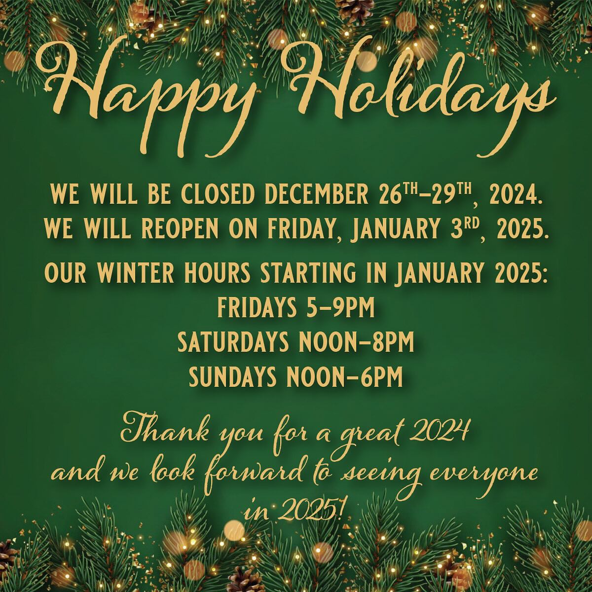 Thank you for another wonderful year! We will be closed until Friday, January 3rd, 2025. Our winter hours (until March 9th) will be Friday 5-9pm, Saturday noon-8pm, and Sunday noon-6pm. We wish everyone a safe and happy holiday season. See you in 2025!! 🎉🥳🍾
#DCW #dutchcreekwinery #visitathenscounty #visitathensohio #tripadvisor #honeywine #mead #hardcider #ohiocraftbrewersassociation #2025 #happyholidays #merrychristmas #happynewyear #amesvilleohio