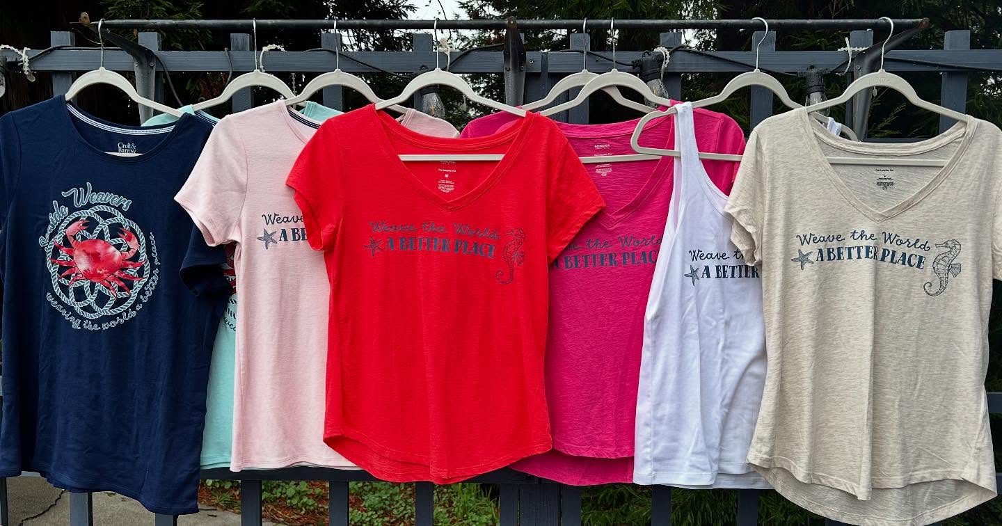 Thank you everyone for supporting us this year. Dave and I had a stellar year of collecting rope, weaving it side by side in the garage and then taking it out into the world to share our story and our products. (The new roof top tent on the truck made it a extra special year)
Everywhere we went we were met with such enthusiasm. So many of you took the time to express your love and inspiration for the idea/action of turning waste into a beautiful, practical resource. We see how people are eager for new ways to participate in more circular, locally based economies like ours.
So thank you, each and every one of you who stopped by our booth, saw the value of our products and shared your kind words with us. It means more than you’ll ever know and it fuels our fire to keep moving forward. 🦀🪢♻️🧡
If you looking for a last minute Holiday idea We have a few men’s & woman’s T-shirts (all pictured here) and cotton tote bags available for $25 each.
We also have some large canvas tote bags with an interior zipper pocket and our tag line “Weave The World A Better Place” brightly embroidered on the front for $60.
Reached out if this tickles your heart and we can get something special into your hands.