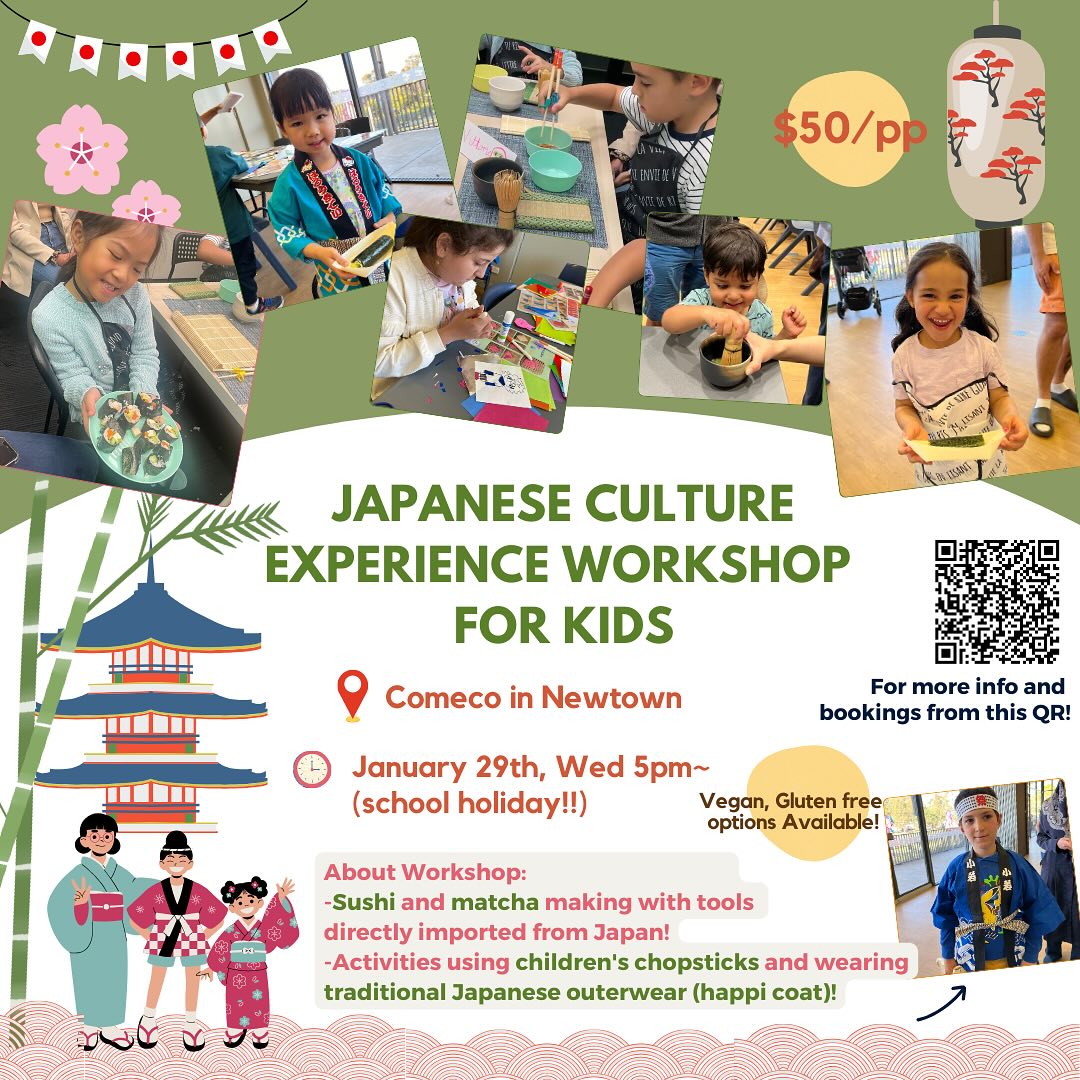 🌸Exciting Japanese Cultural Workshop for Kids! 🌸 For age 5-10!
📅 Wednesday, 29 January 2025 (During school holidays)
⏰ 5:00 PM - 6:30 PM (1.5 hours)
📍 Location: Comeco Foods Cafe, Newtown
We’re excited to hold this hands-on workshop at the cozy Comeco Foods Cafe, a Japanese organic cafe known for its gluten-free, vegan, and allergy-friendly treats.
It’s one of my personal favourite spots, and I’m thrilled to be hosting this special event there! ❤️
In this intimate class (just 5 kids per session,), your little ones will:
🍣 Create their own sushi (Vegan & GF options available)
🍵 Whisk matcha tea
🎏Get creative with origami
💰 $50 per child
✨ Secure your spot today- spaces are limited! Perfect activity for school holidays! Book now via the website link in bio.
Tagging the amazing @comeco_foods 🫶