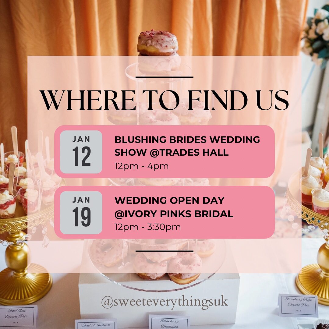 Happy New Year, sweeties! Aaaand just like that it’s 2025 and into wedding planning season! Time to get organised, so where to start?
💫 Send an email or a message 💫
Yes, we’ve gotten your email! And we do our best to get back to you promptly and get your wedding details. This is the way that the majority of wedding couples get their day booked in our diary. Concerned that you might miss out on your dream date? We can assist and make sure you get booked in ASAP. Send us an email today at hello@sweeteverythings.co.uk and we are happy to help.
💫 Come say hi at a wedding fair 💫
We’ll be out and about showcasing our Wedding Cakes and Dessert tables in January. It would be lovely to meet you and chat (and sample) all things cake!
💫 Book an Online/Zoom call 💫
For when you need a more personal chat to answer questions, we’re in the process of setting up a booking calendar so you can choose a time to talk face to face online. Stay posted and we’ll have this set up shortly.
Anything else? Do reach out and ask! We are happy to help ❤️ @sweeteverythingsuk