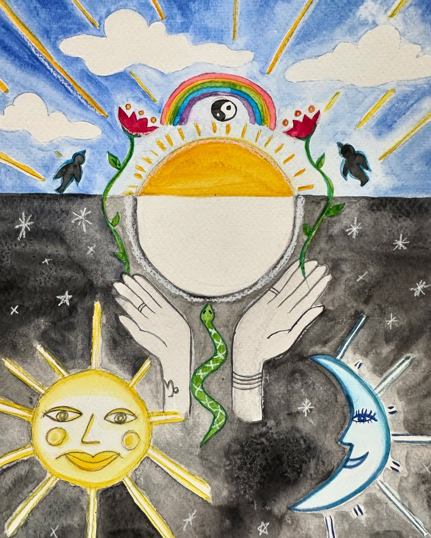 Solstice 💫 the return of the light.
I know I’m a few days late but I was busy doing nothing over the holidays. Give me an excuse to paint the sun and the moon and I’m all over it.
Wishing you a restful in-between time…where we don’t know what day it is, what random snacks will be for dinner or put real pants on in the last two weeks. Honestly it’s nice for the rest of the world to get on my level for a little chunk of time.
By the way, 2025 is the year of the snake 🐍 get ready!
&PS- this is what we call “mom art” when you only have about an hour to be in your studio and crank out as much of a painting as you can. Can you tell? 😅