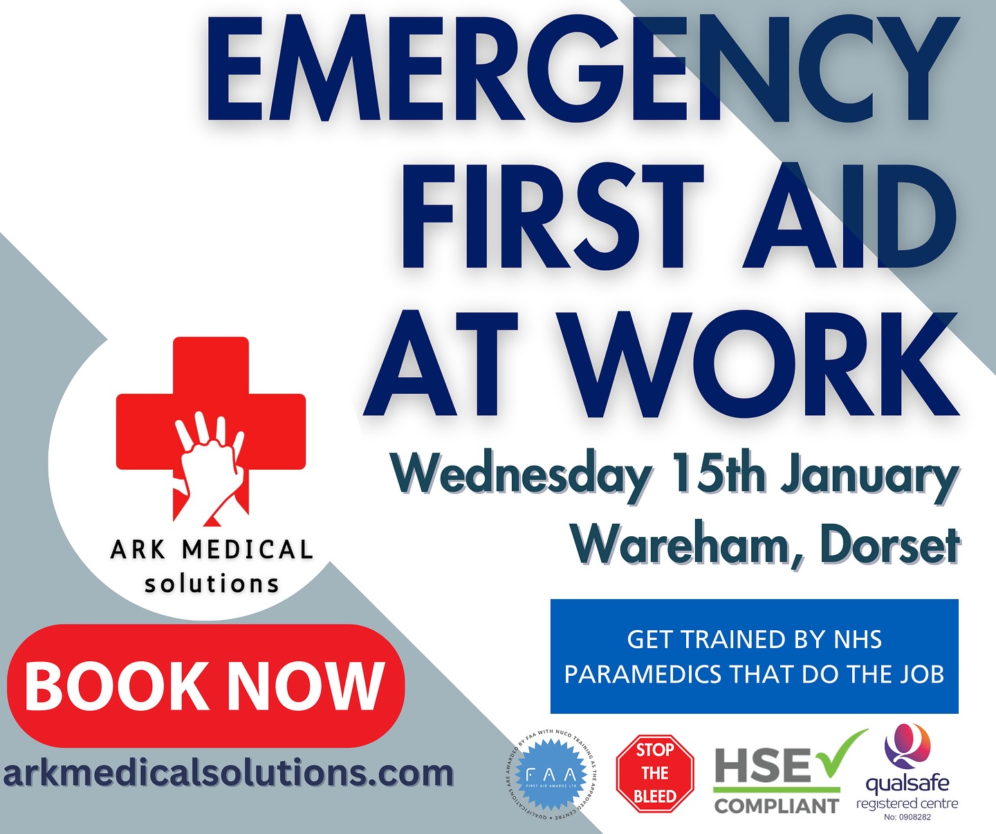 Happy New Year!
Are you, your team or your employees first aid ready and qualified for the year ahead? Book onto our Emergency First Aid at Work Course today for just £99.95 and get trained by serving NHS Paramedics and 999 personnel. Don’t get trained by just another instructor, get trained by those that do the job.
BOOK TODAY:
https://www.arkmedicalsolutions.com/booking-calendar/emergency-first-aid-at-work-course?referral=service_list_widget
