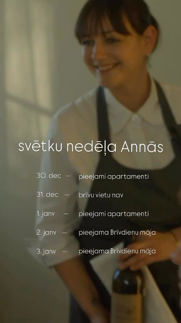 Gaidīsim ciemos Annās, aizvadīt vēl šodien veco gadu un iesāk arī jauno, mierpilnās un gardās brīvdienās.
Rezervāciju veic, zvanot mums 62277788
vai rakstot anna@annashotel.com