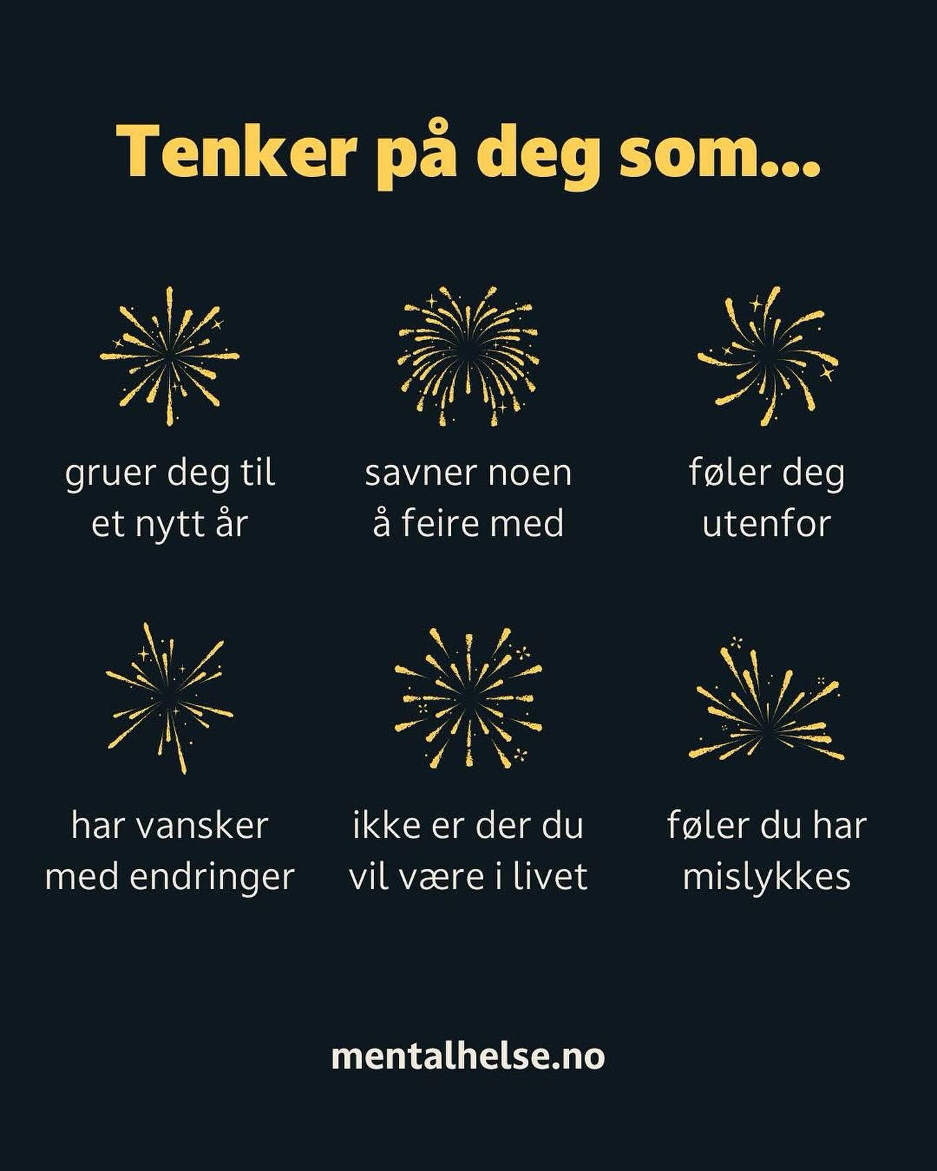 Takk for i år og godt nyttår✨ I dag er det nyttårsaften, en dag som ofte forbindes med hygge, familie og gode venner.✨
Vi tenker på deg som...
💔️gruer deg til et nytt år
💔savner noen å feire med
💔føler deg utenfor
💔har vansker med endringer
💔ikke er der du vil være i livet
💔føler du har mislykkes
Trenger du noen å snakke med?
📞Ring: 116 123
💬Chat: sidetmedord.no
Begge tjenestene er døgnåpne, anonyme og gratis.
#alleharenmentalhelse #psykiskhelse #mentalhelse #nyttårsaften