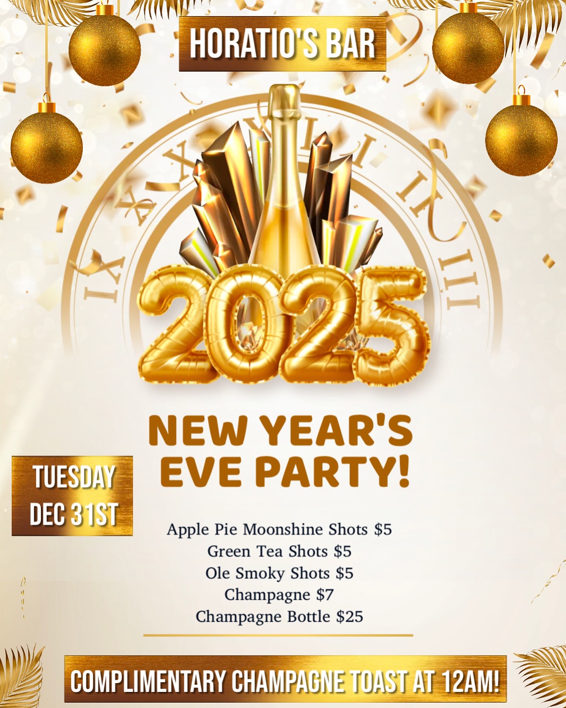 Happy Holidays! Bring in the new year with us and enjoy a complimentary champagne toast at midnight! Specials all day! We will be open at noon New Year’s Day! 🥂 🍾 🪩