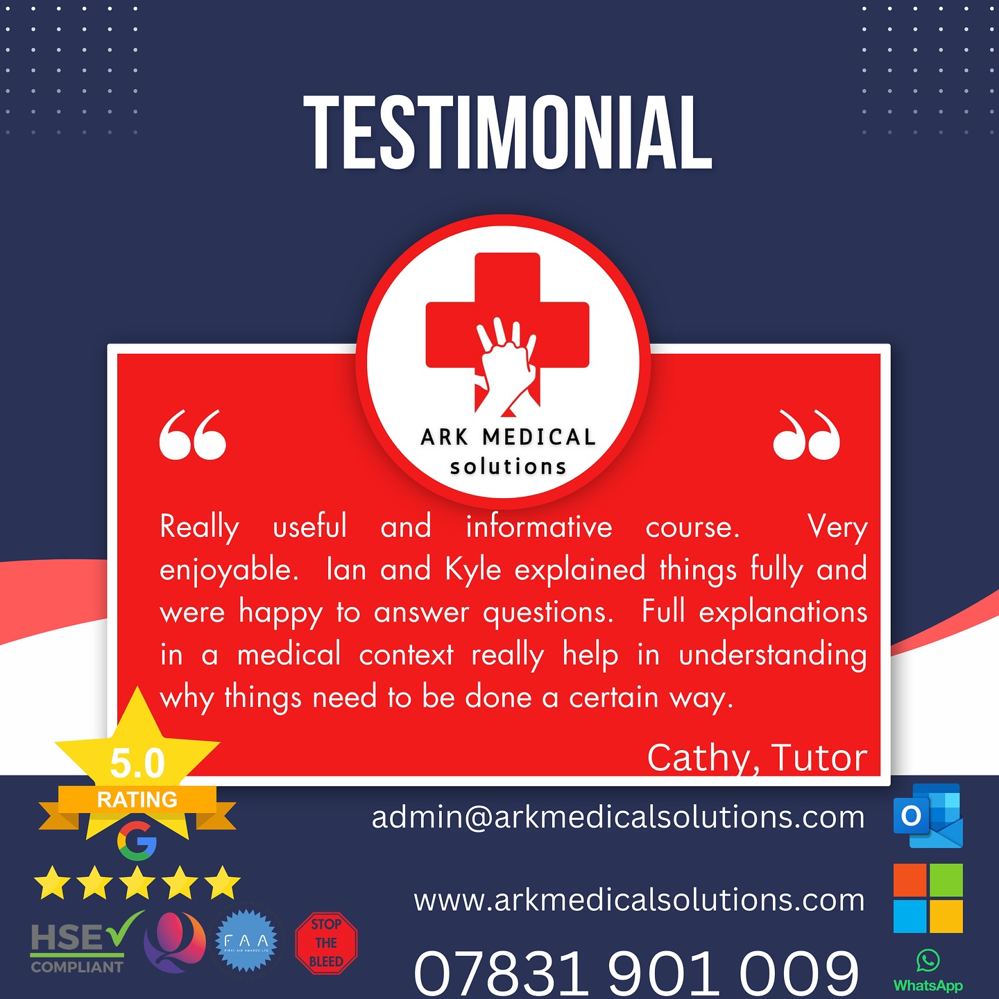 Sometimes the feedback from our independent clients speaks more about the quality of training and what we as serving 999 instructors can offer you, than any advert we could pay for. Don’t just get trained by another instructor, get trained by someone who does the job.
While it might be tempting to select the most economical option available, we at Ark Medical believe it is crucial to consider the long-term benefits of investing in a provider who offers superior training. Engaging with Ark instructors who are currently practicing paramedics & 999 staff brings invaluable insights and hands-on experience to the table. Our clinical expertise and 999 experience equips us to teach with a depth of knowledge that can significantly enhance your team’s readiness in real-world emergency situations.
Contact us today for a quote.
#firstaid #dorset #bournemouth #bournemouthbusiness #beprepared #firstaidcoursesdorset