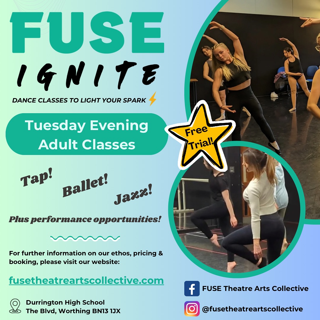 It’s 2025 🥳 Make time for yourself to do something you love!
FUSE Ignite: Adult Classes return on Tuesday 7th January!
Whether you want to try something new, or dust off your old dance shoes…these classes will be just what you need 💚
⭐️Free trial lessons.
⭐️Flexible payment options.
⭐️Full class details on our website.
💻www.fusetheatreartscollective.com
📧info@fusetheatreartscollective.com
DANCE CLASSES TO LIGHT YOUR SPARK⚡️
#fusetheatreartscollective #fuse #theatre #arts #dance #performingarts #adultclasses #danceclass #modern #tap #ballet #jazz #workshops #worthing #westsussex