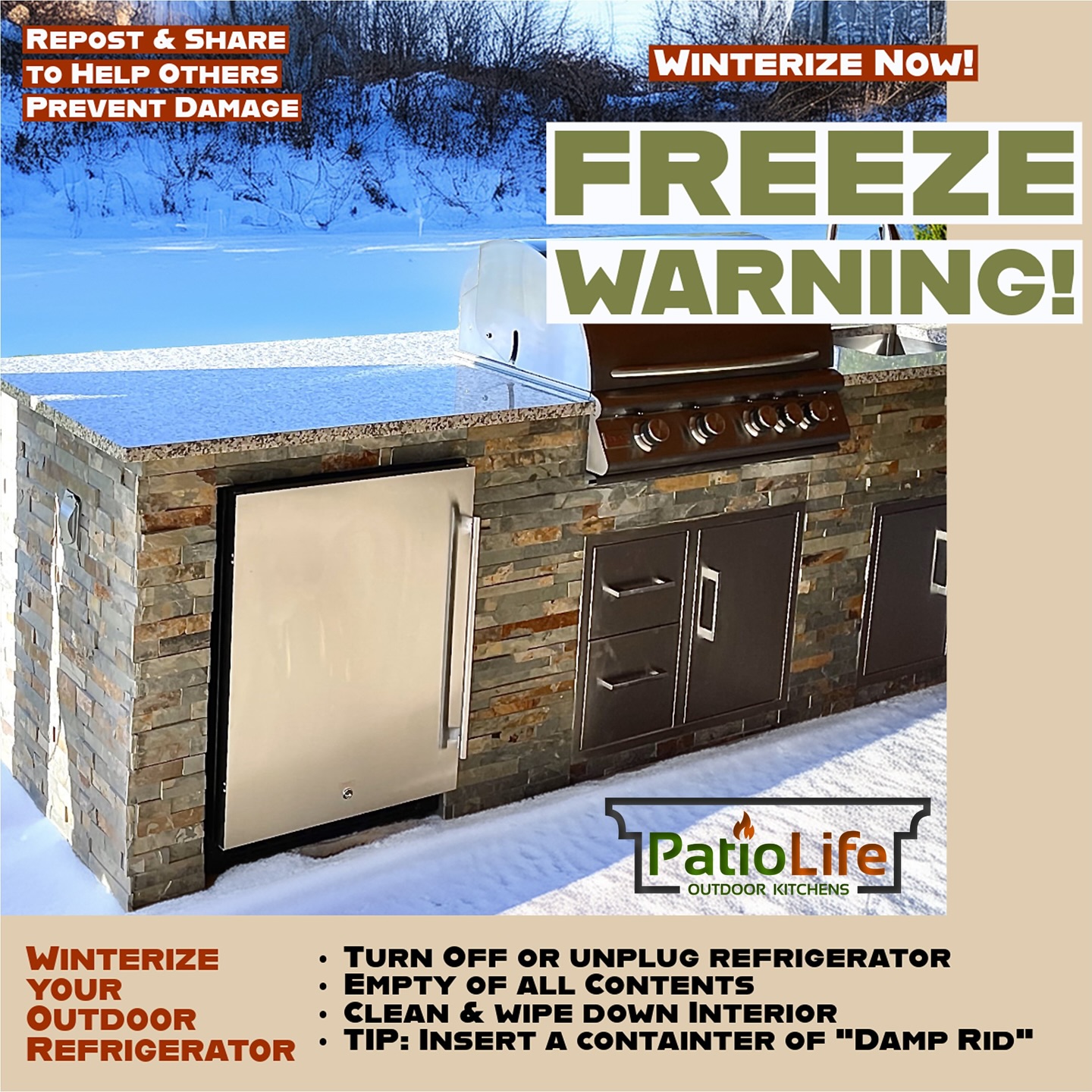 Texas Freeze Warning! 🥶 Don’t forget to winterize. Outdoor refrigerators are often forgotten, and can be a costly replacement.
It’s best to unplug instead of just powering off in case of a power outage/flicker that may cause the refrigerator to power back on after being turned off.
Make sure to empty the refrigerator of all contents, which may freeze and explode, followed by a good cleaning of the interior.
You can also place a container of Damp Rid to absorb any moisture, as well as prevent mold during the fluctuating temperatures while the refrigerator is not in use.
- PatioLife Outdoor Kitchens -