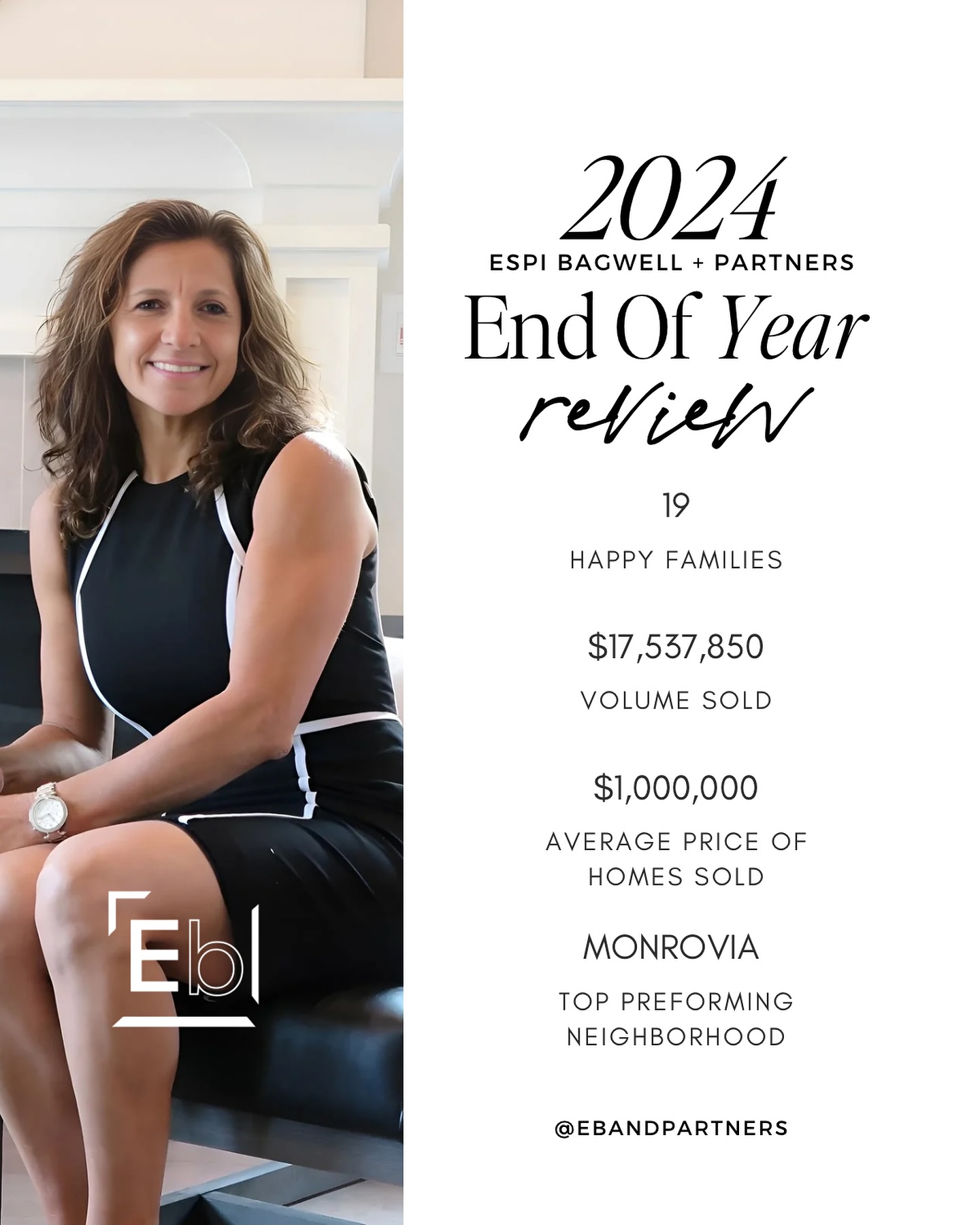 As we ring in 2025, we’re filled with gratitude for our amazing clients, partners, and community. 🏡✨ This year, we’re excited to continue helping you find your dream homes, make lasting memories, and turn your real estate goals into reality.
Here’s to new beginnings, fresh opportunities, and making 2025 your best year yet! 🎆
💫 Whether you’re buying, selling, or just exploring options, we’re here to guide you every step of the way.
Cheers to new adventures in real estate and beyond! 🥂
Espi Bagwell + Partners
Los Angeles Realtors
Residential | Commercial | Investment Property Management
(626) 824-2267
espi.bagwell@kw.com
DRE#01168881
#monrovia #losangelesrealtor #losangelesrealestate #socalrealtor
#socalrealestate #newlisting #pasadenarealtor #pasadenarealestate #homesweethome #investmentproperty #investmentproperties #rentalproperty #justlisted #listed #realestateinvestor #realestateinvesting #homeforsale #homesale #explorepasadena #explorela #pasadena #pasadenaluxuryrealestate #losangeles #realestatepasadena #pasadena #ebandpartners #espibagwell #espibagwellandpartners
#luxuryrealestate #luxuryrealtor