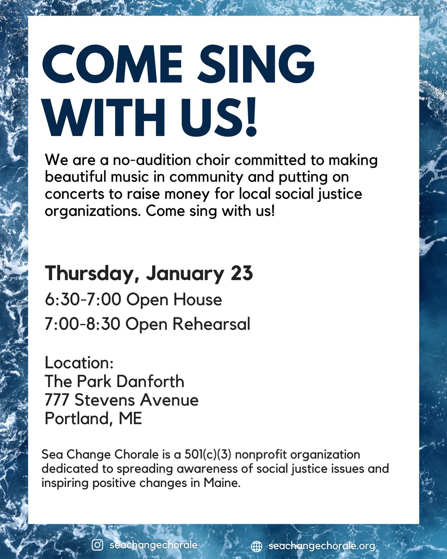 Are you looking for a way to connect with your local community, make music, and work for social justice? Then please join us at our Open House THIS Thursday!
No auditions or RSVP required, just show up and see if this is the right space for you. 🌊