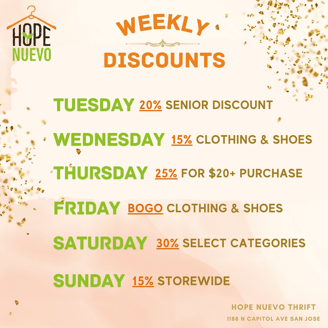 We have a sale going on every day of the week. CLOSED on Mondays and donations welcome on the weekdays only.