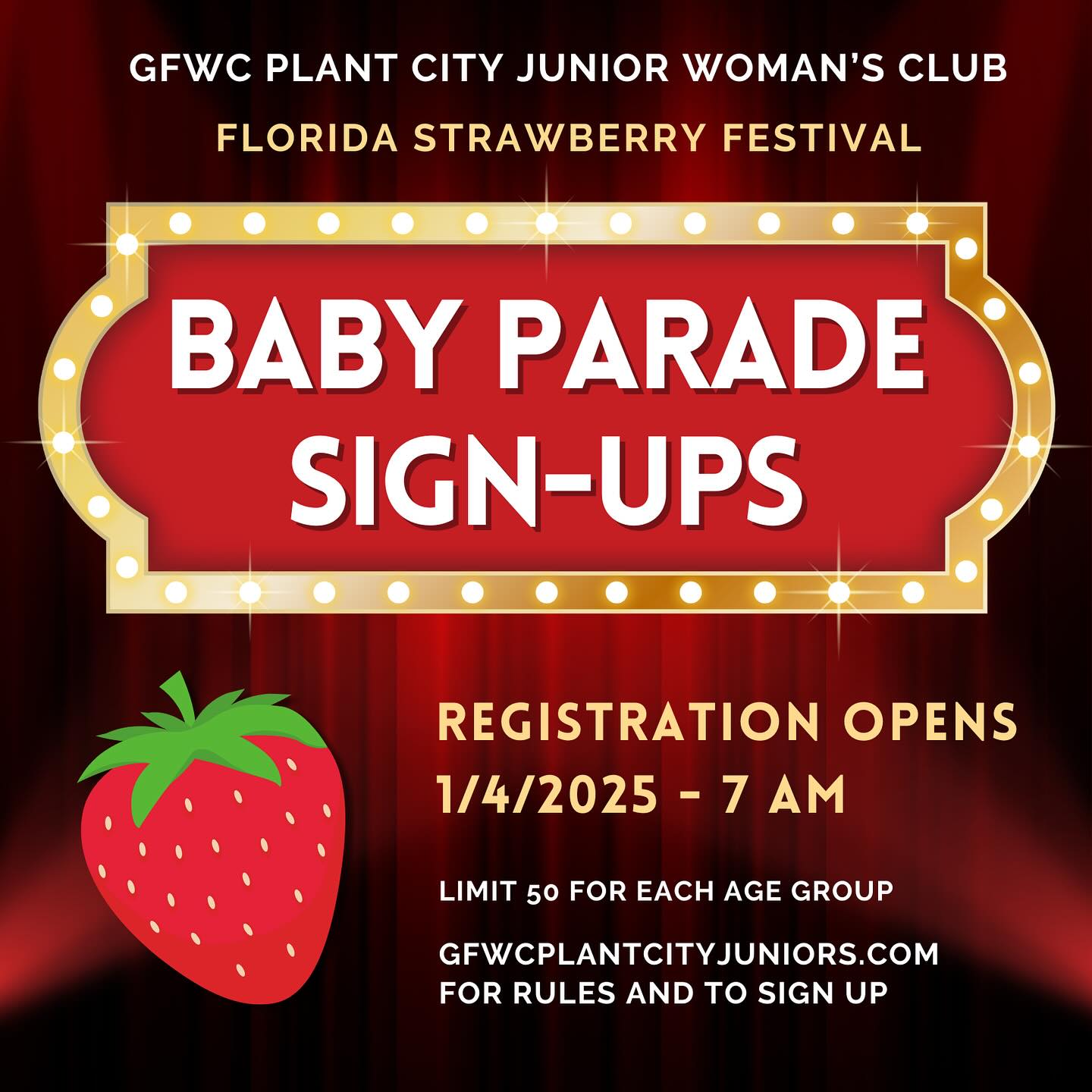 Sign ups for the 2025 @flstrawberryfestival Baby Parade, presented by @gfwcplantcityjuniors and sponsored by South Florida Baptist Hospital, begin SATURDAY! Applications are ONLINE ONLY again this year, and available 1/4/25 - 1/31/25 at 11:59 p.m. (but space is limited to 50 in each age group, so don’t wait!) The contest will be held 3/8/25. Head to gfwcplantcityjuniors.com or flstrawberryfestival.com for rules and registration soon. Link in bio. #gfwcplantcityjuniors #thestageisset #berryfest25
